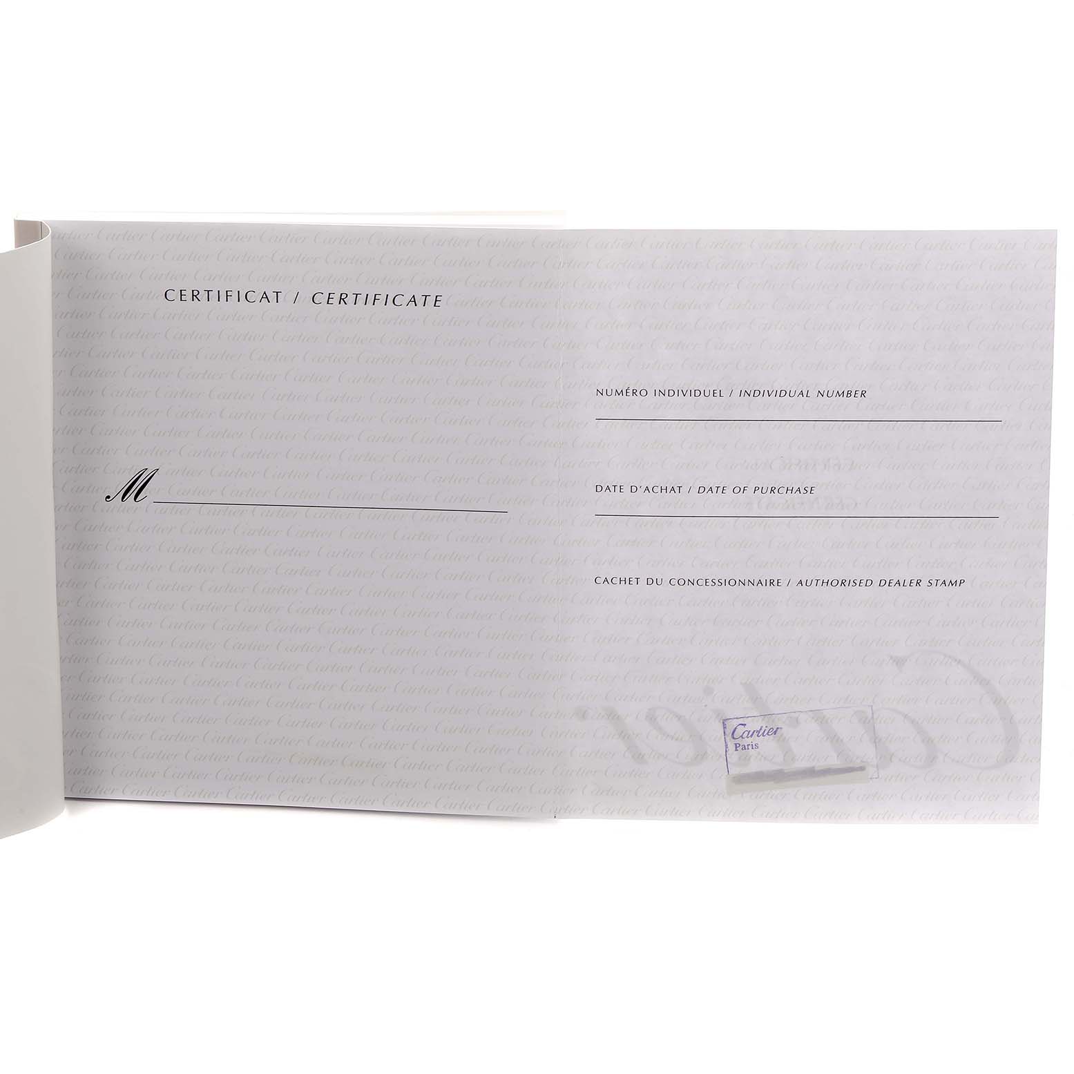 The image shows an open Cartier warranty certificate for the Tank Francaise model.