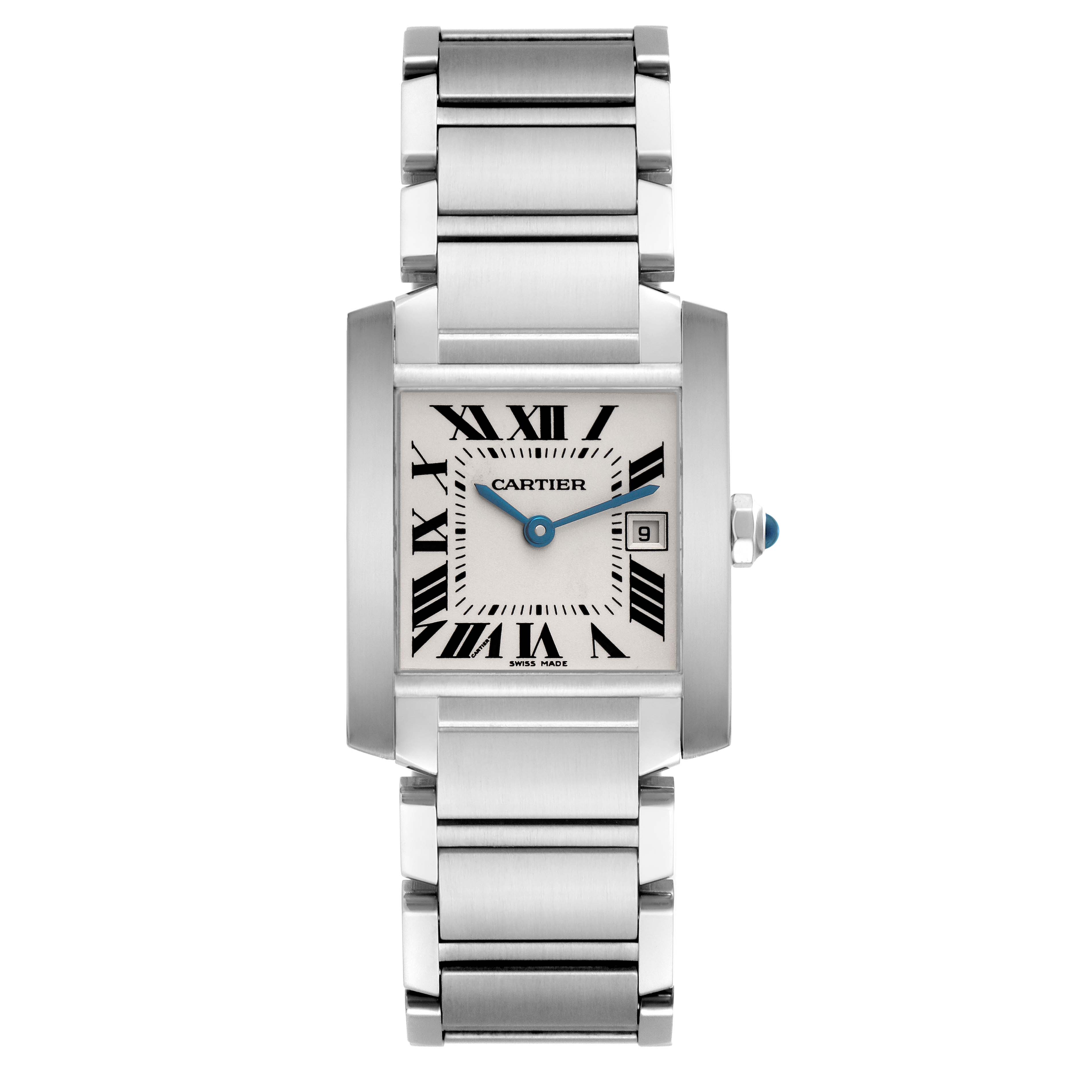 The Cartier Tank Française watch is shown from the front, highlighting its rectangular face, Roman numerals, and bracelet.