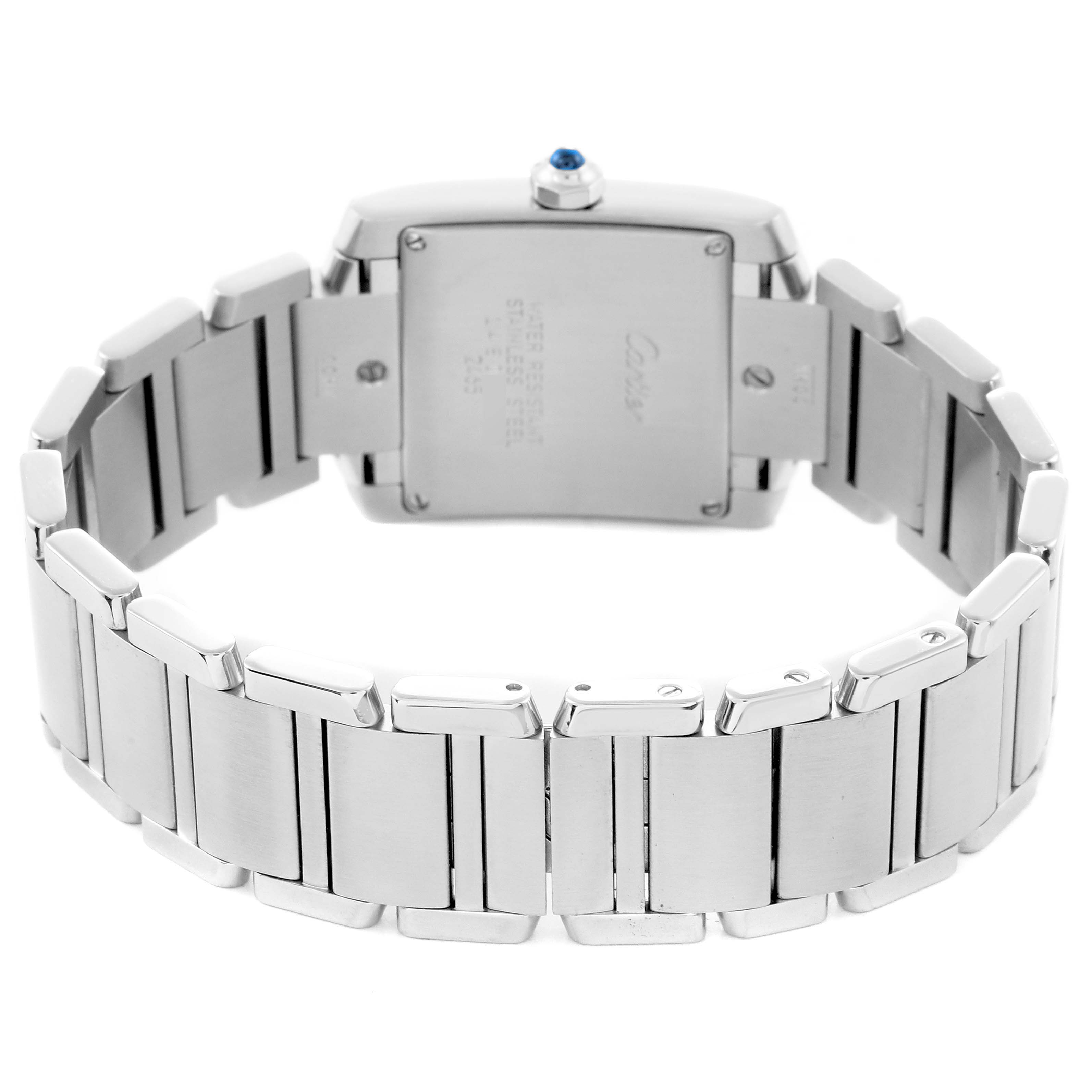 The image shows the back view of a Cartier Tank Francaise W51011Q3 Women
s Stainless Steel Silver Dial W51011Q3 Women
s Stainless Steel Silver Dial watch, highlighting its stainless steel bracelet and case back.