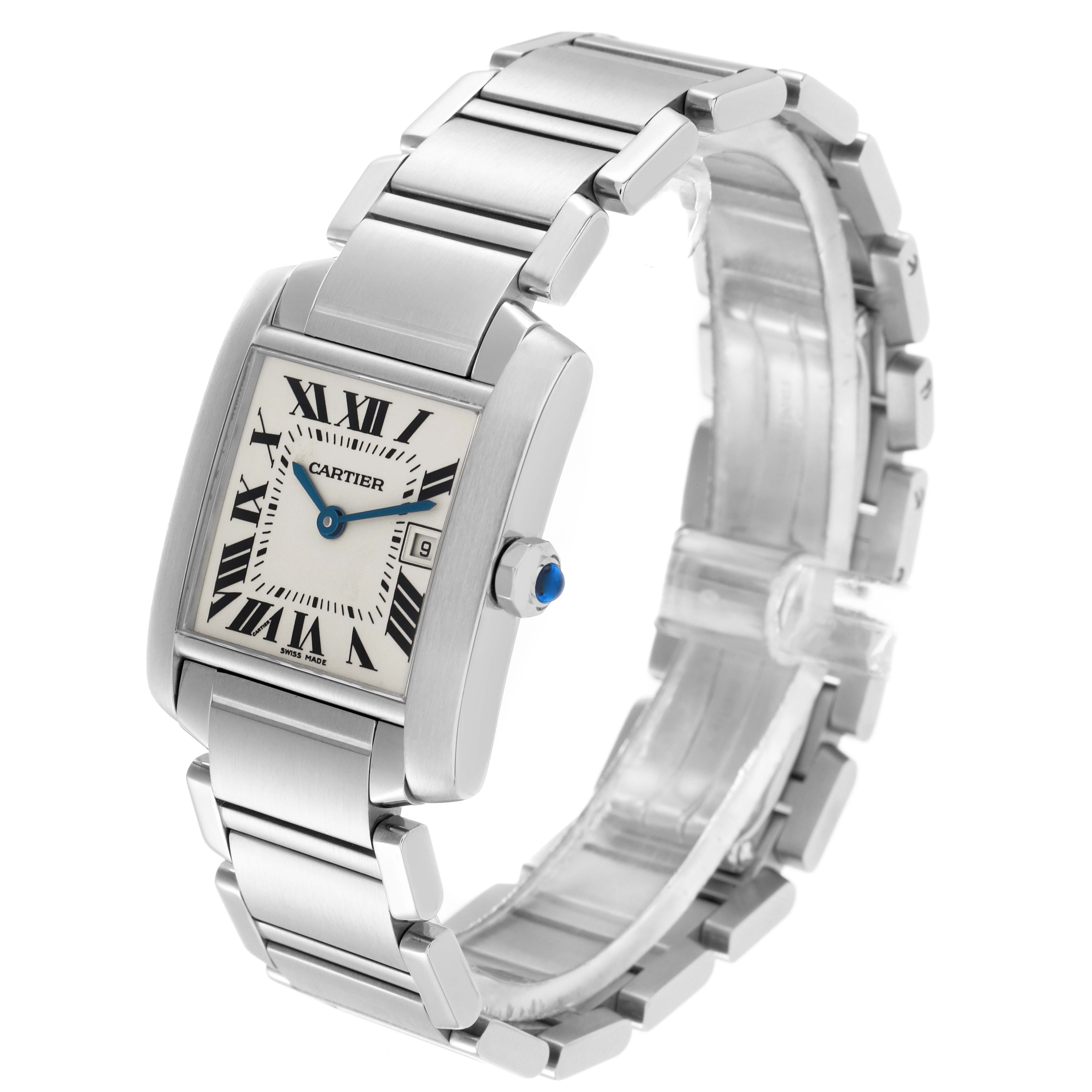 The Cartier Tank Francaise W51011Q3 Women
s Stainless Steel Silver Dial W51011Q3 Women
s Stainless Steel Silver Dial watch is shown at a three-quarter angle, displaying the bracelet, case, dial, and crown.