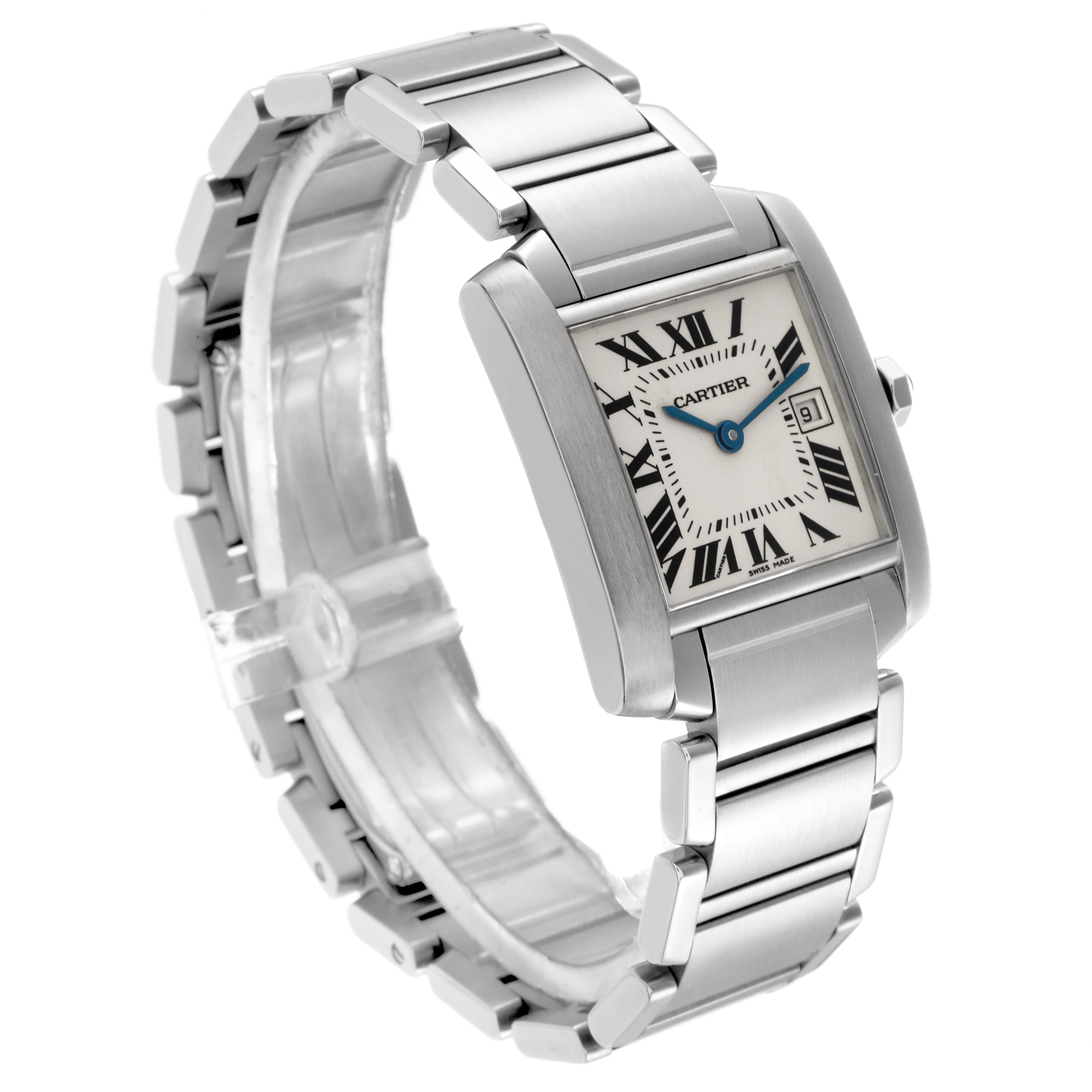 The Cartier Tank Francaise W51011Q3 Women
s Stainless Steel Silver Dial W51011Q3 Women
s Stainless Steel Silver Dial watch is shown from a three-quarter angle, displaying the face, bracelet, and side profile.
