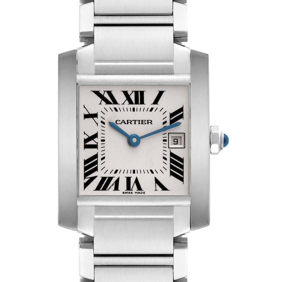 The Cartier Tank Francaise watch is shown from the front, highlighting the face, including Roman numerals, blue hands, and date window.