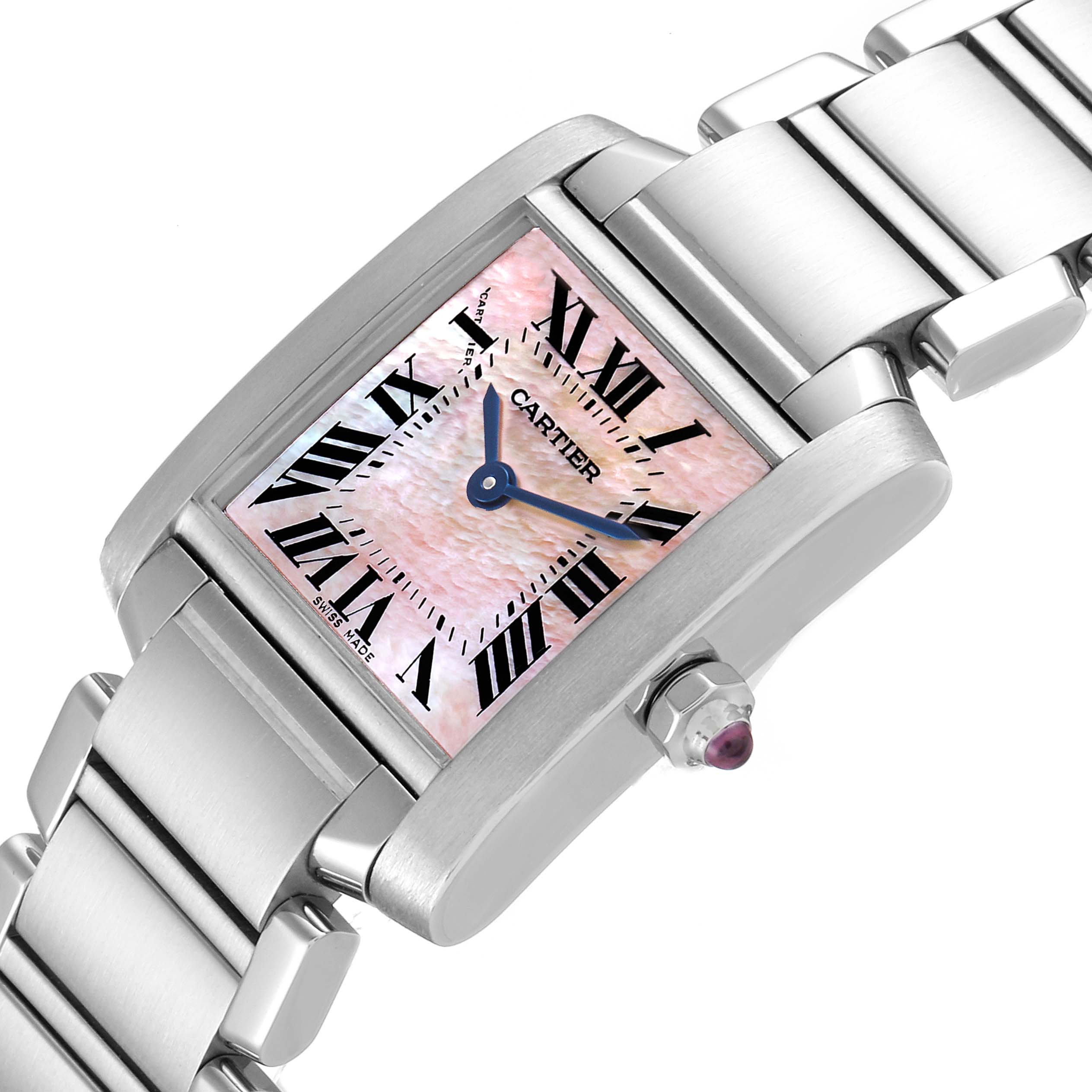 The Cartier Tank Française watch in this image is shown at an angled close-up displaying the dial, crown, and part of the bracelet.