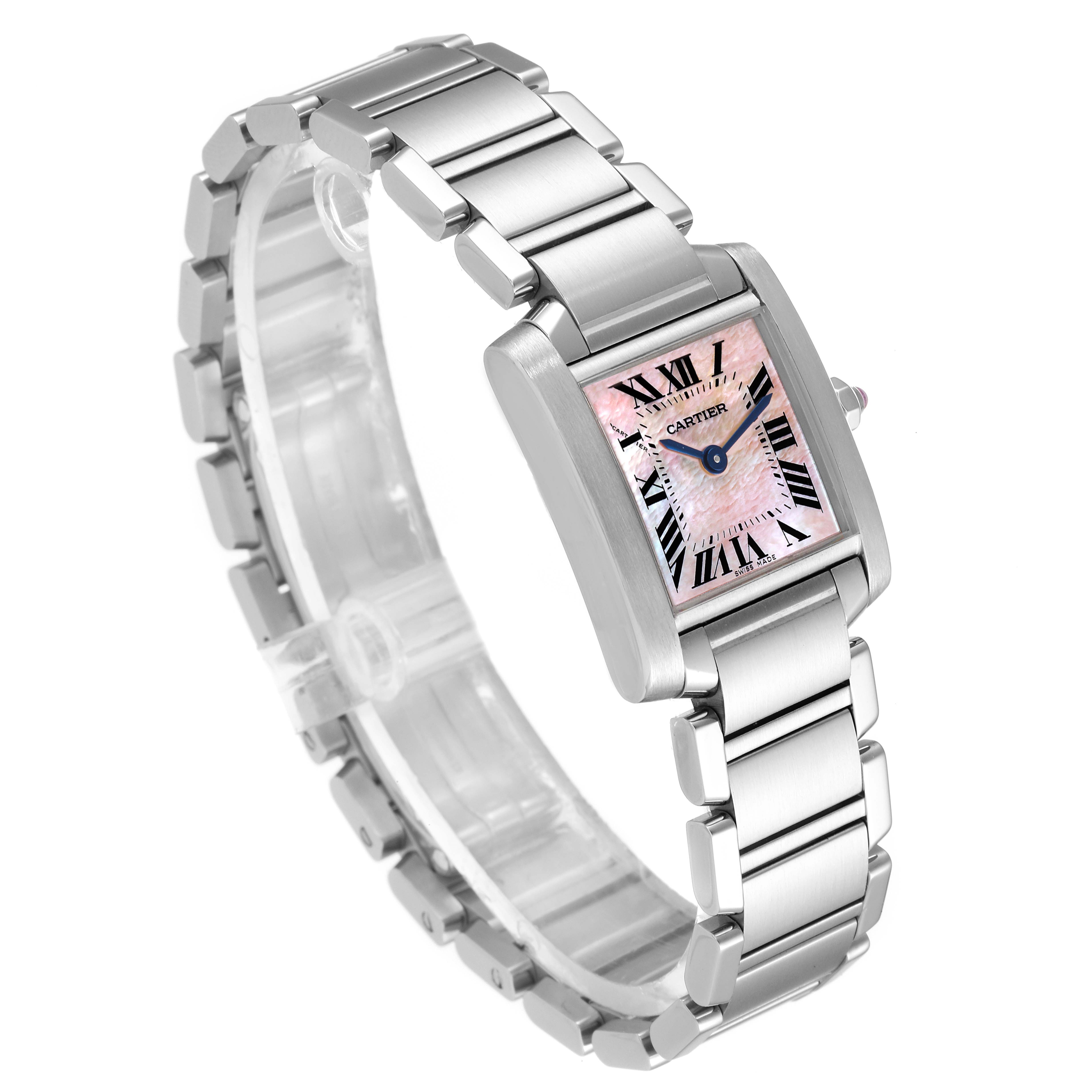 This image shows a Cartier Tank Francaise W51028Q3 Men's Stainless Steel Mother of Pearl Dial W51028Q3 Men's Stainless Steel Mother of Pearl Dial watch from a top-angled view, focusing on the face, bezel, and bracelet.
