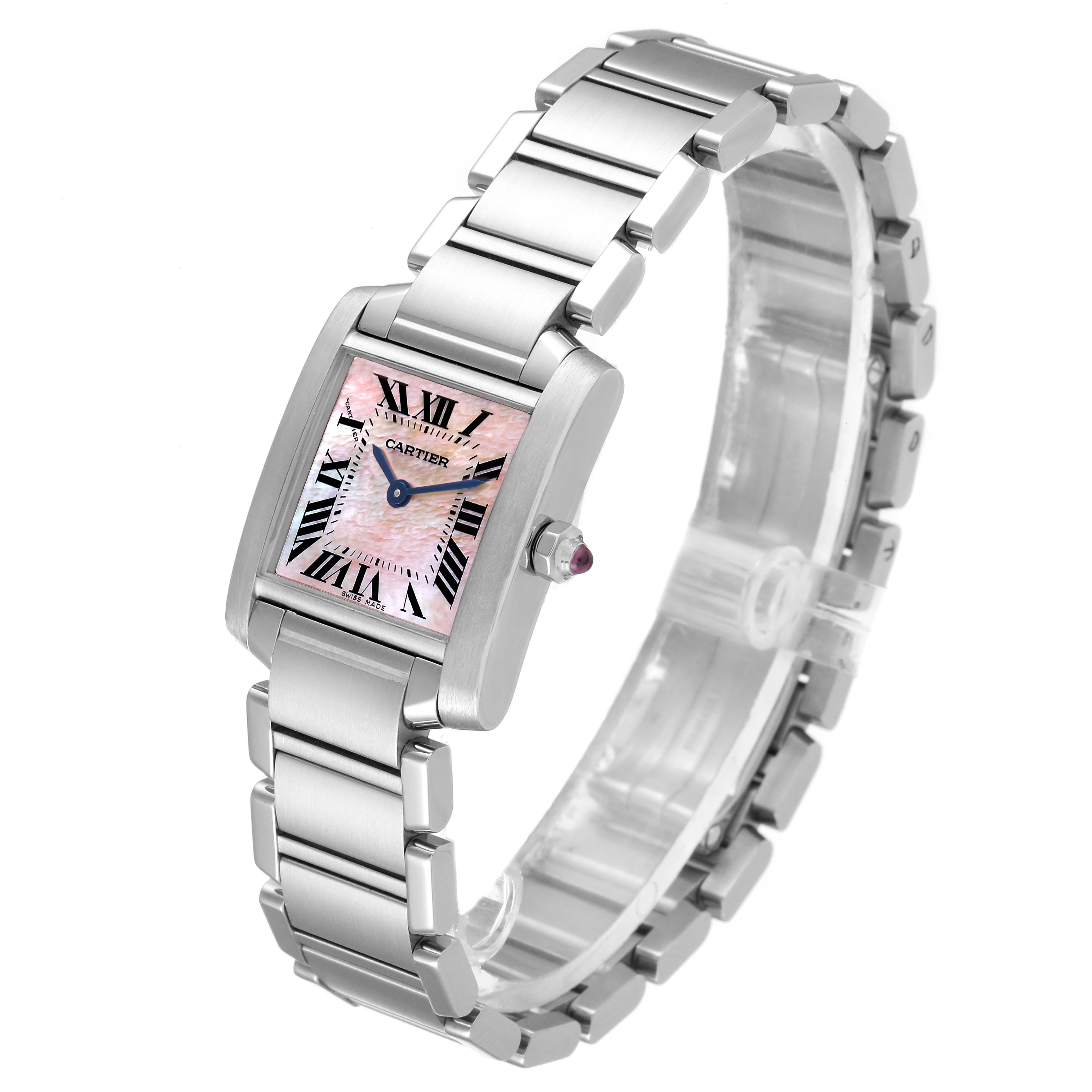 The image shows a side angle of the Tank Francaise by Cartier, highlighting its bracelet, face, and crown.