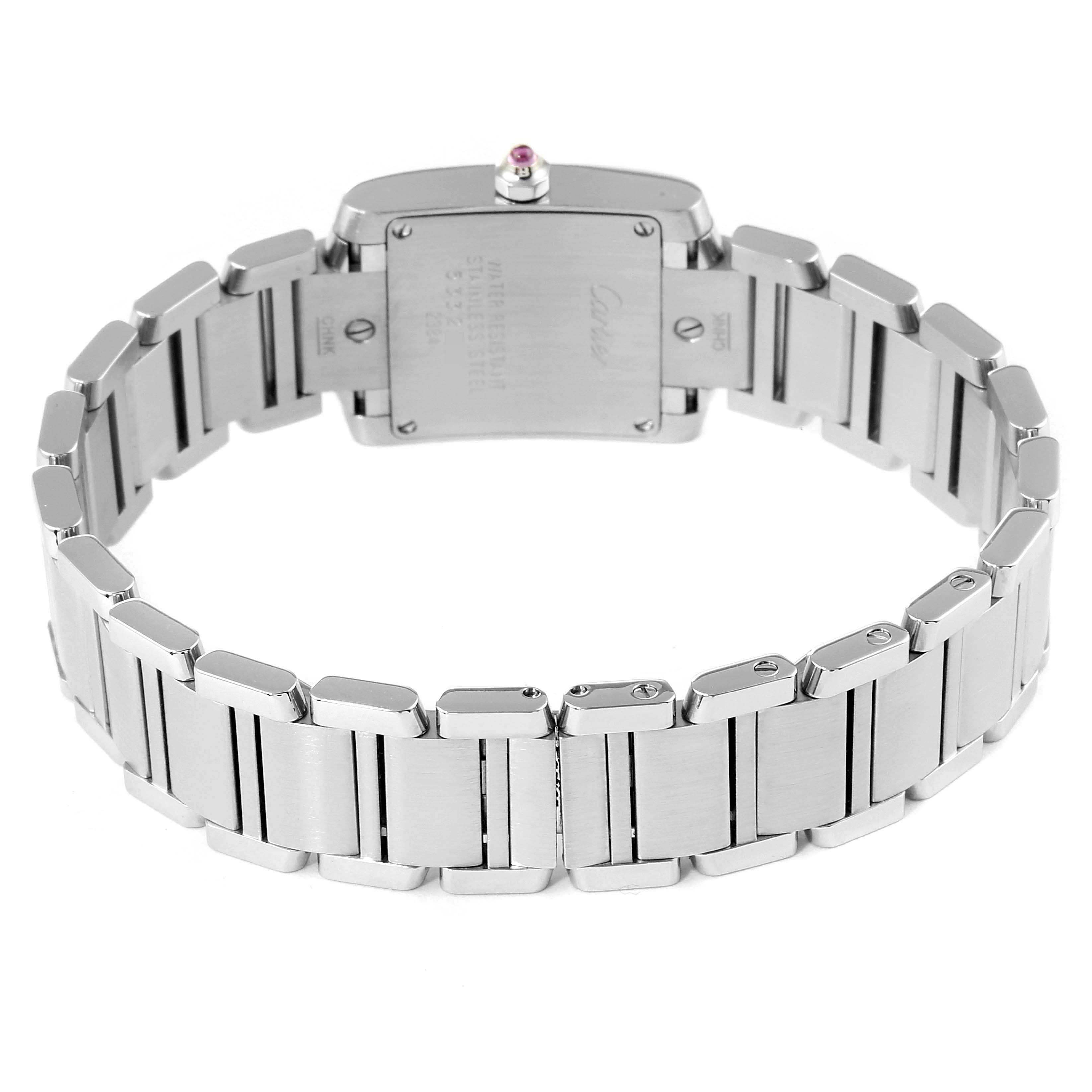 This image shows the back of the Cartier Tank Française watch, highlighting the clasp and bracelet links.