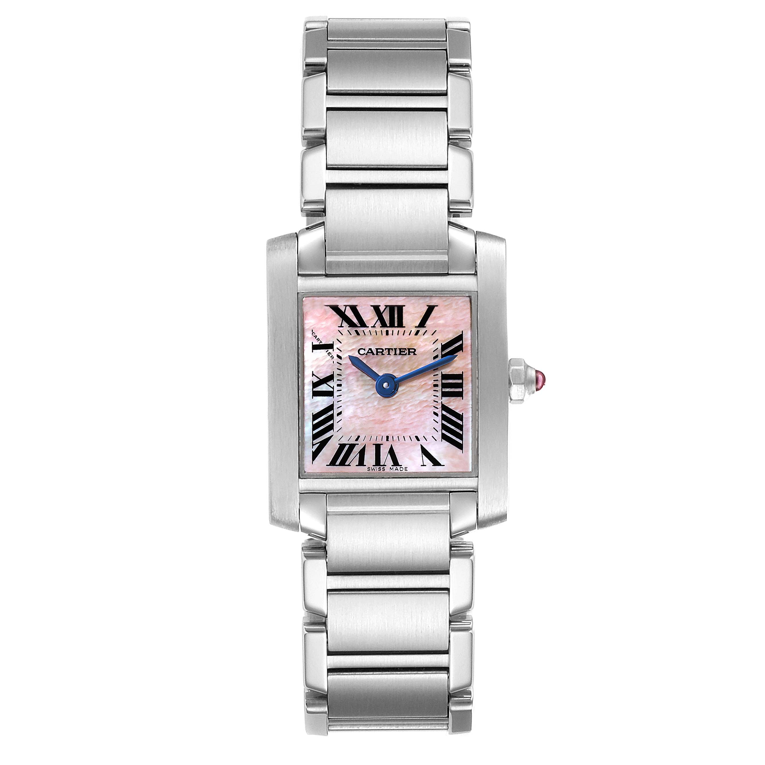 The Cartier Tank Francaise W51028Q3 Men's Stainless Steel Mother of Pearl Dial W51028Q3 Men's Stainless Steel Mother of Pearl Dial watch is shown from a front angle, highlighting its rectangular face, bracelet, and crown.