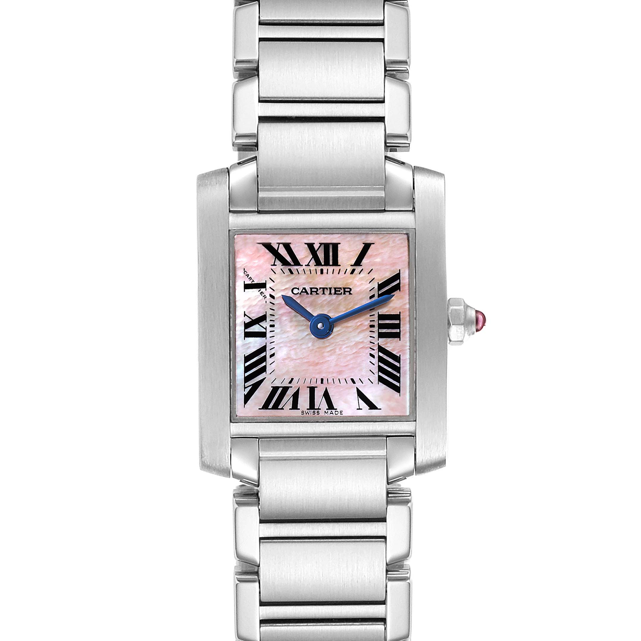 The Cartier Tank Francaise W51028Q3 Men's Stainless Steel Mother of Pearl Dial W51028Q3 Men's Stainless Steel Mother of Pearl Dial watch is shown from a front angle, displaying its square face, metal bracelet, and Roman numerals.