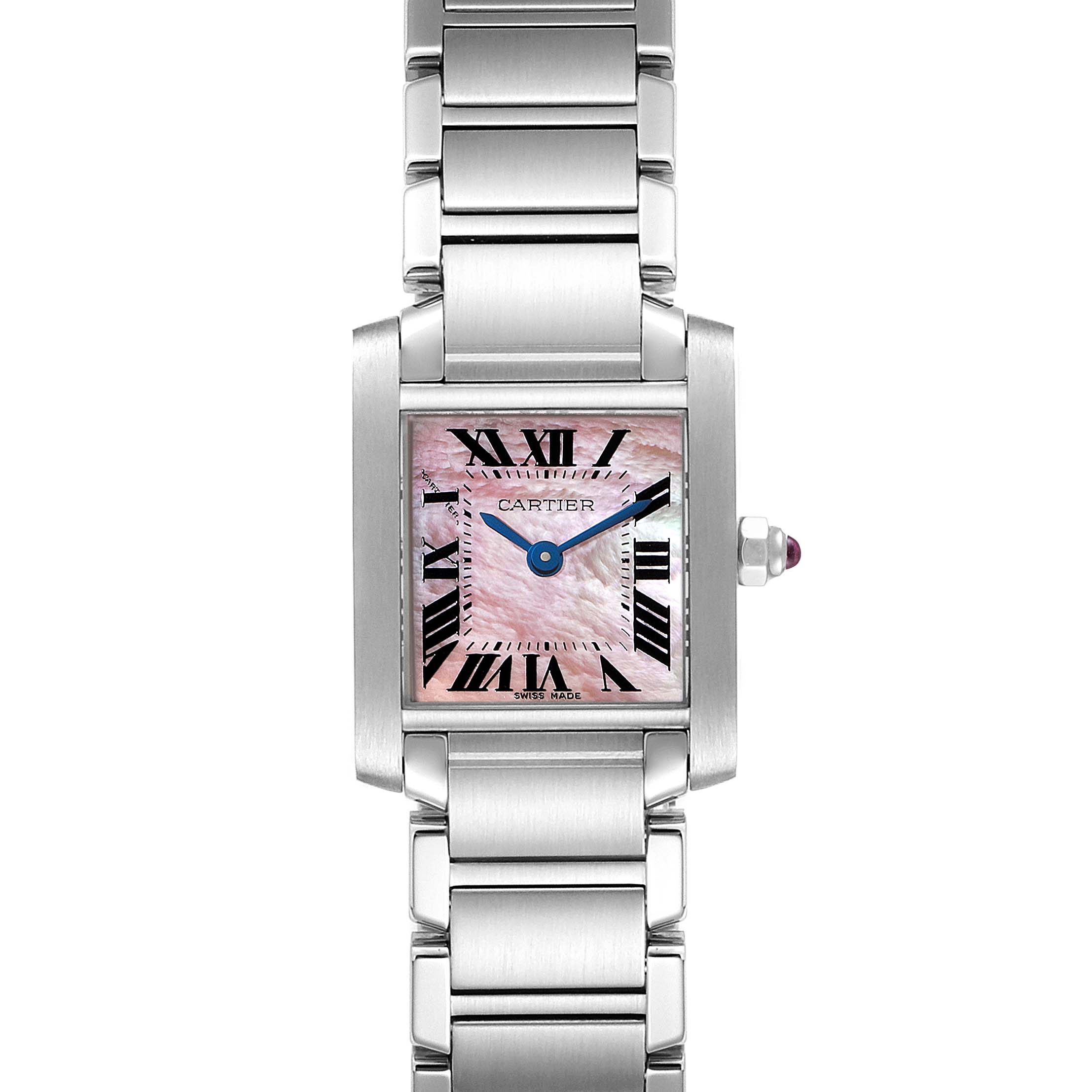 This image shows a front view of a Cartier Tank Francaise W51028Q Women's Stainless Steel Mother of Pearl Dial W51028Q Women's Stainless Steel Mother of Pearl Dial watch, highlighting its rectangular face, bracelet, and distinct crown.