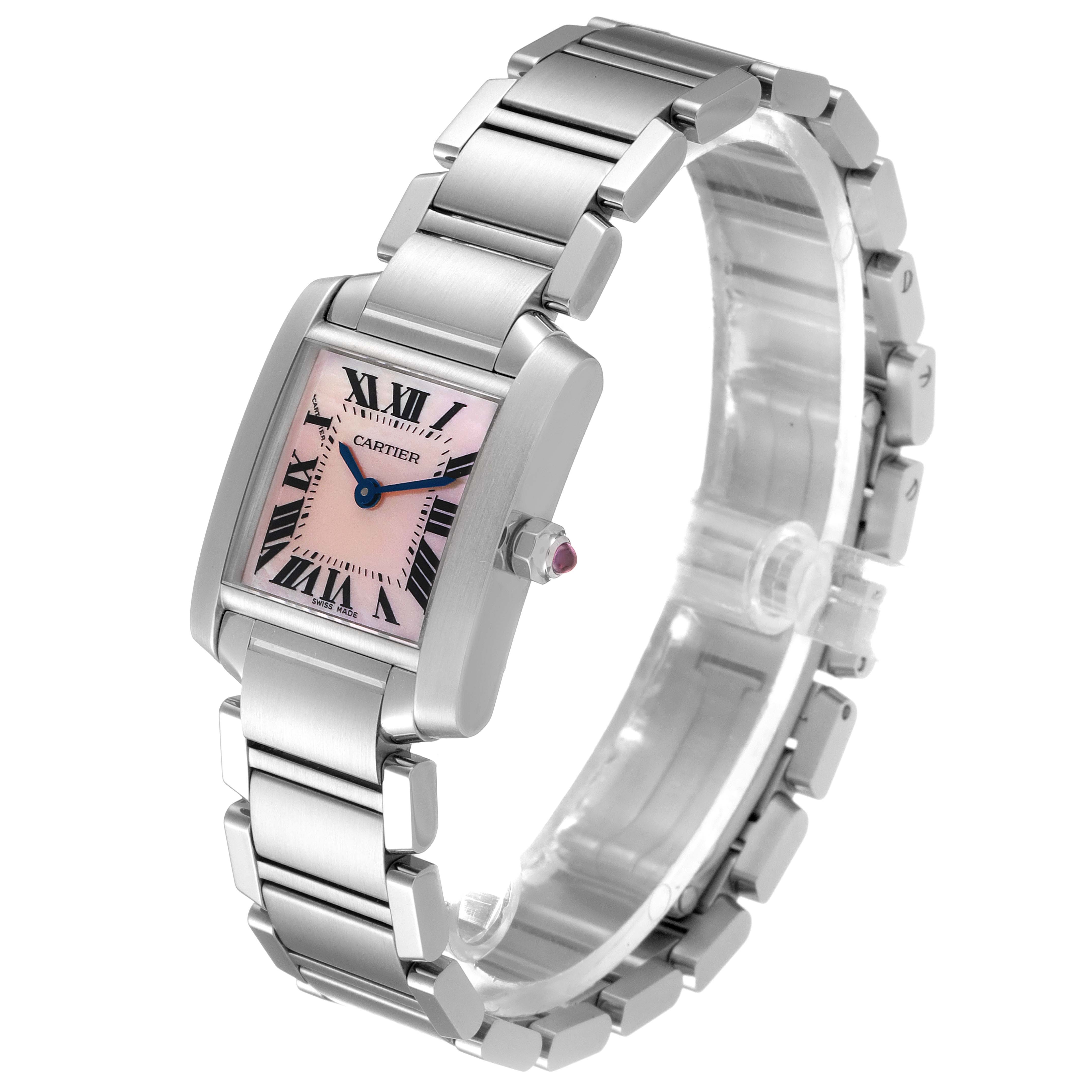 This image shows a Cartier Tank Française watch from an angled side view, displaying the face, bracelet, and crown.
