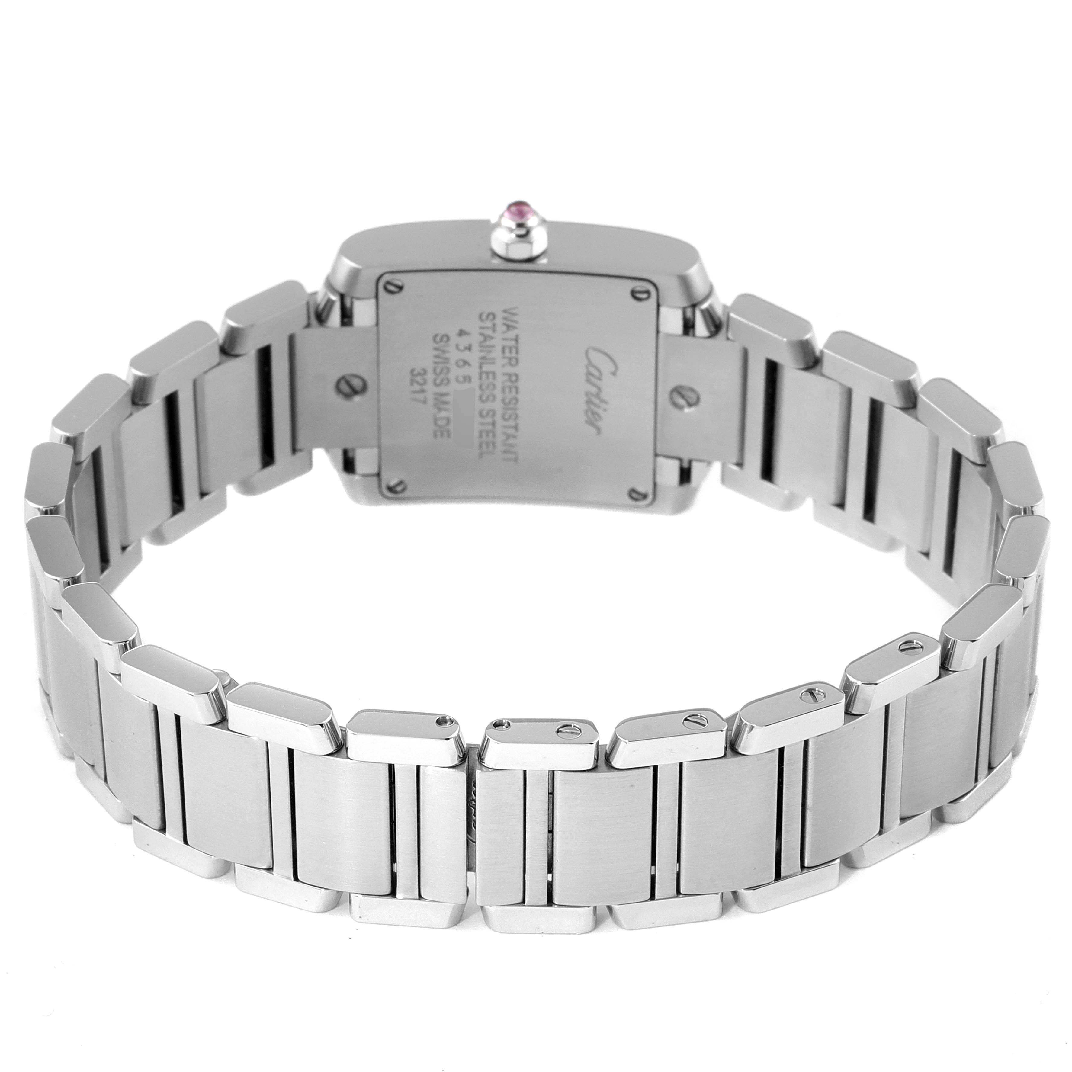 This image shows the back view of the Cartier Tank Francaise W51028Q Women's Stainless Steel Mother of Pearl Dial W51028Q Women's Stainless Steel Mother of Pearl Dial watch, highlighting the stainless steel bracelet and case back.