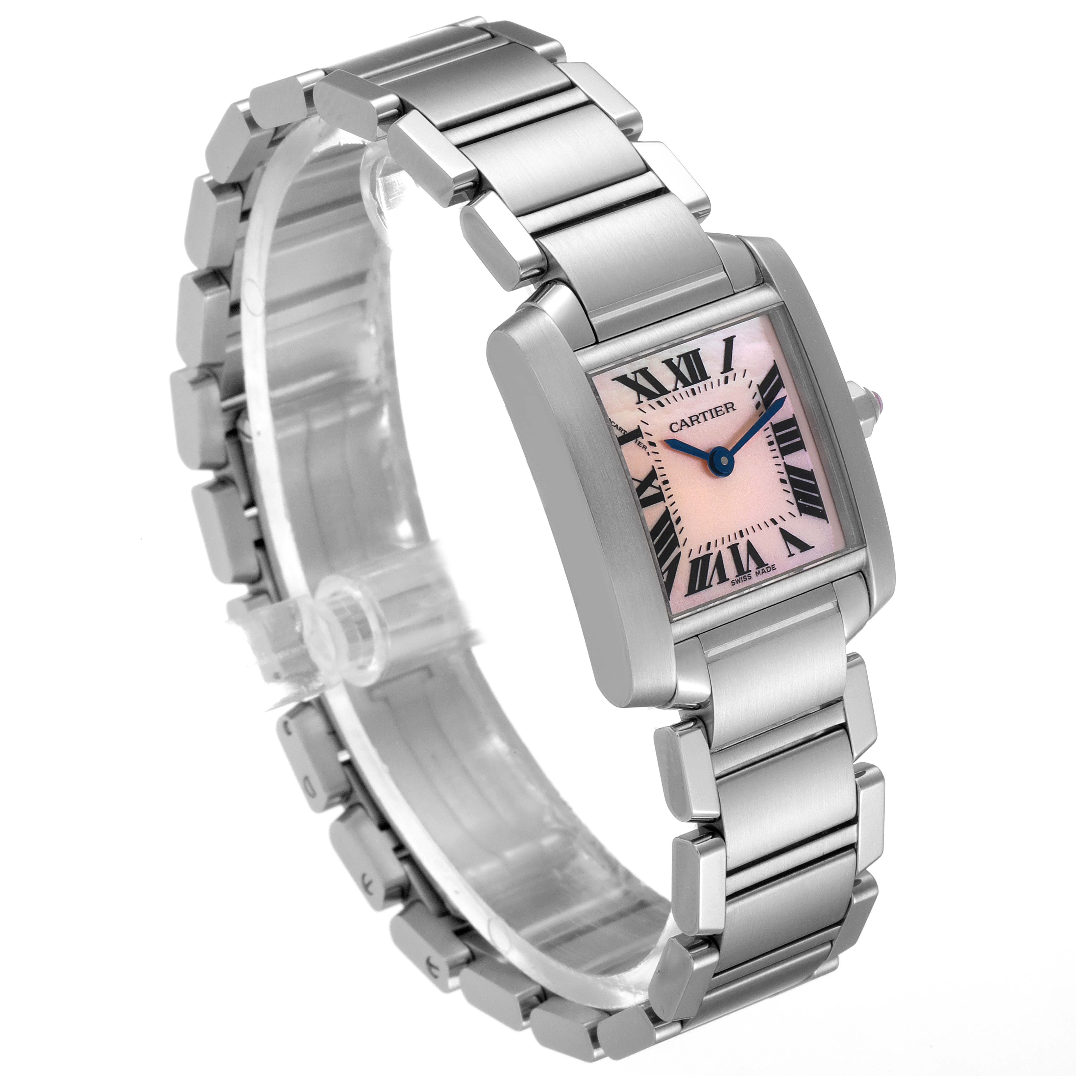 The Cartier Tank Francaise W51028Q Women's Stainless Steel Mother of Pearl Dial W51028Q Women's Stainless Steel Mother of Pearl Dial watch is shown in a three-quarter view, displaying the bracelet and dial.