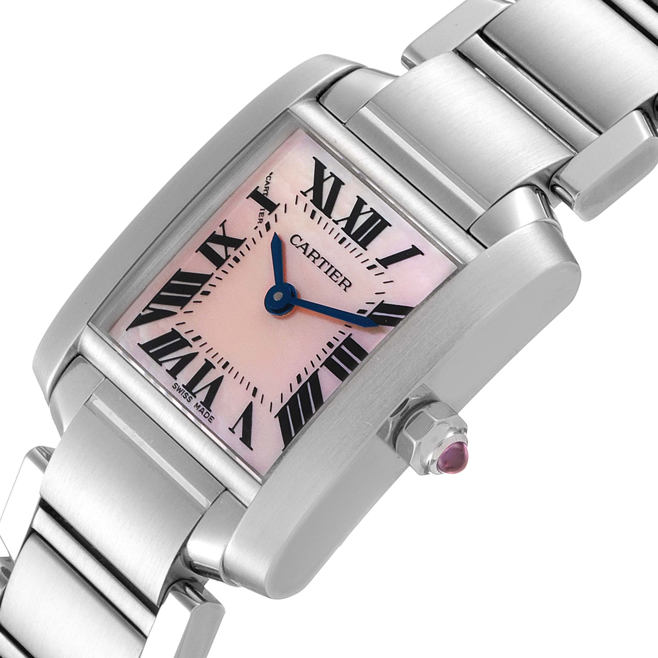 The image displays a Tank Francaise model by Cartier at an angled view showing the face, bezel, and part of the bracelet.