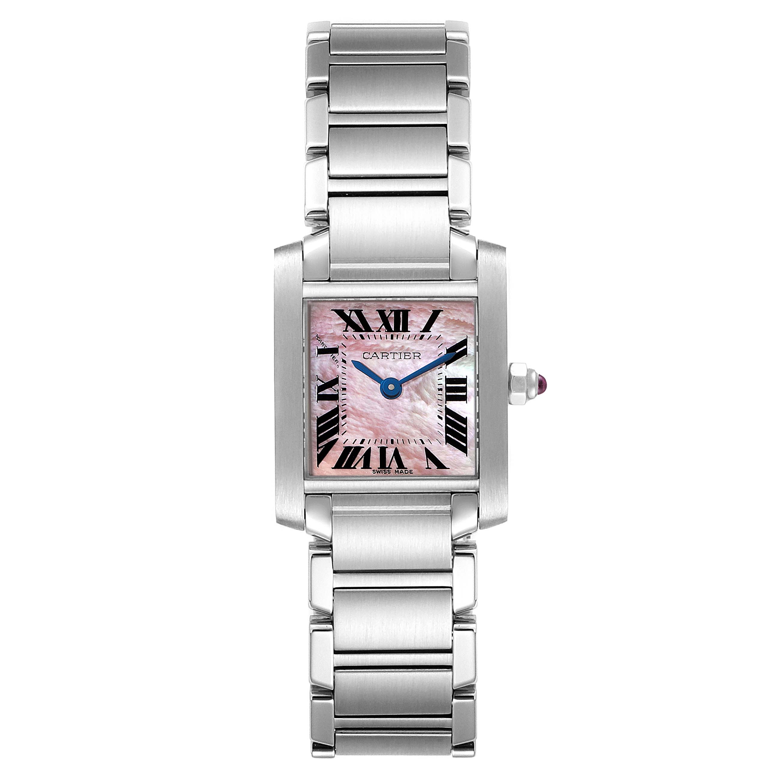 The image shows a front view of the Cartier Tank Francaise W51028Q Women's Stainless Steel Mother of Pearl Dial W51028Q Women's Stainless Steel Mother of Pearl Dial watch, highlighting its face, bracelet, and crown.