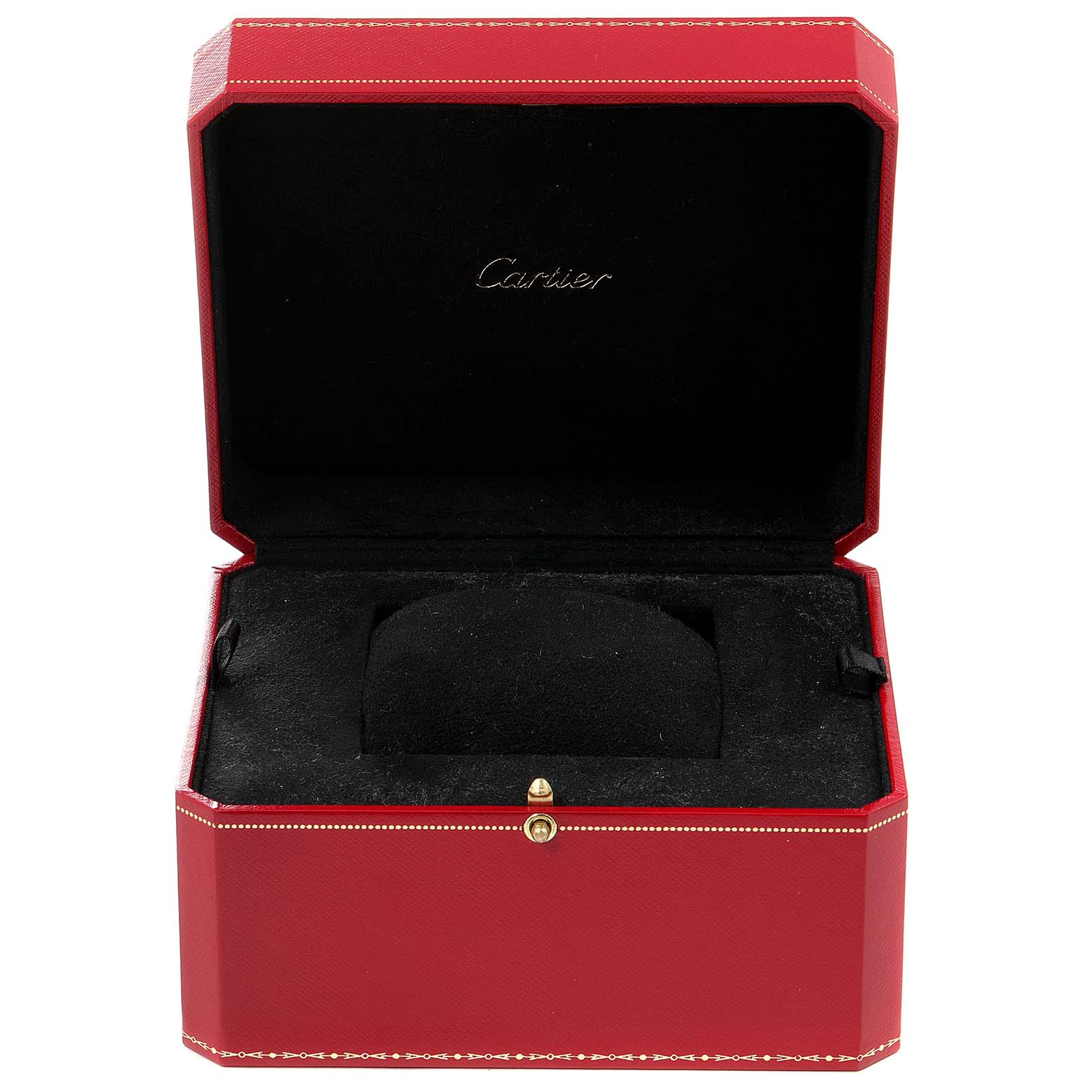 This image shows an empty Cartier Tank Française watch box with an open lid, revealing black interior padding.