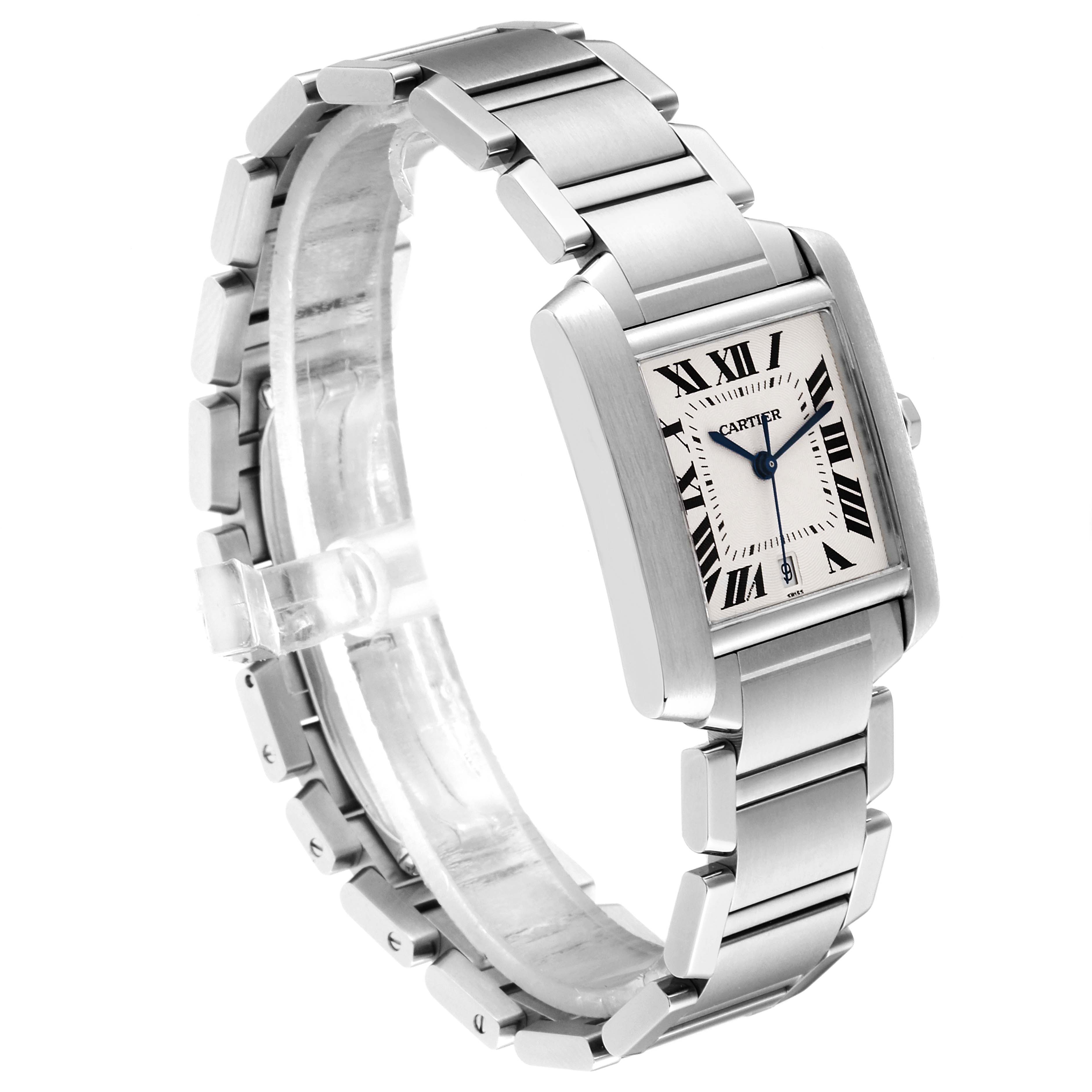 The image shows a Cartier Tank Francaise W51002Q3 Men's Stainless Steel Silver Dial W51002Q3 Men's Stainless Steel Silver Dial watch at a three-quarter angle, showcasing the face, bracelet, and side profile.