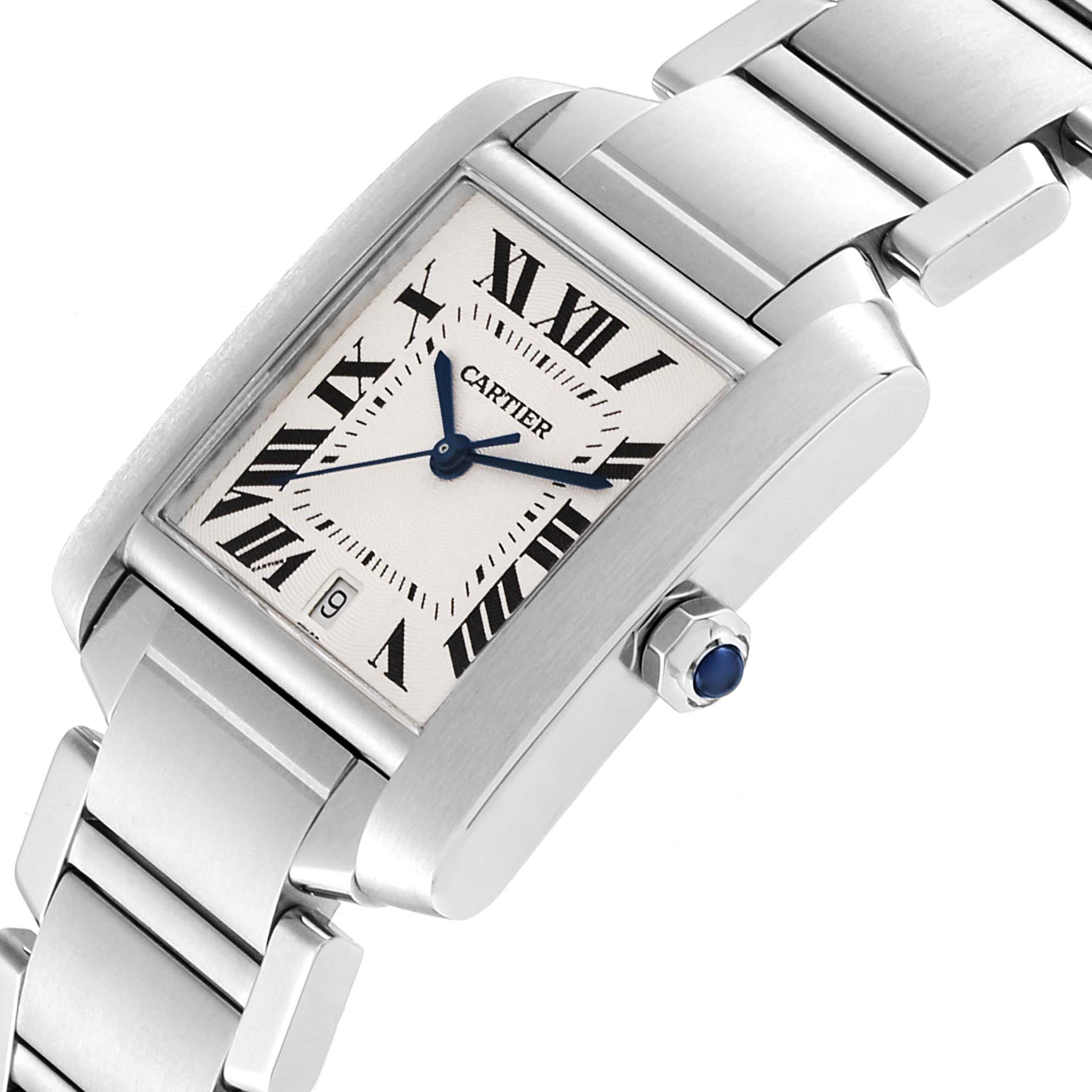 This image shows a Tank Française watch by Cartier from a slight side angle, highlighting its face, Roman numerals, and bracelet.