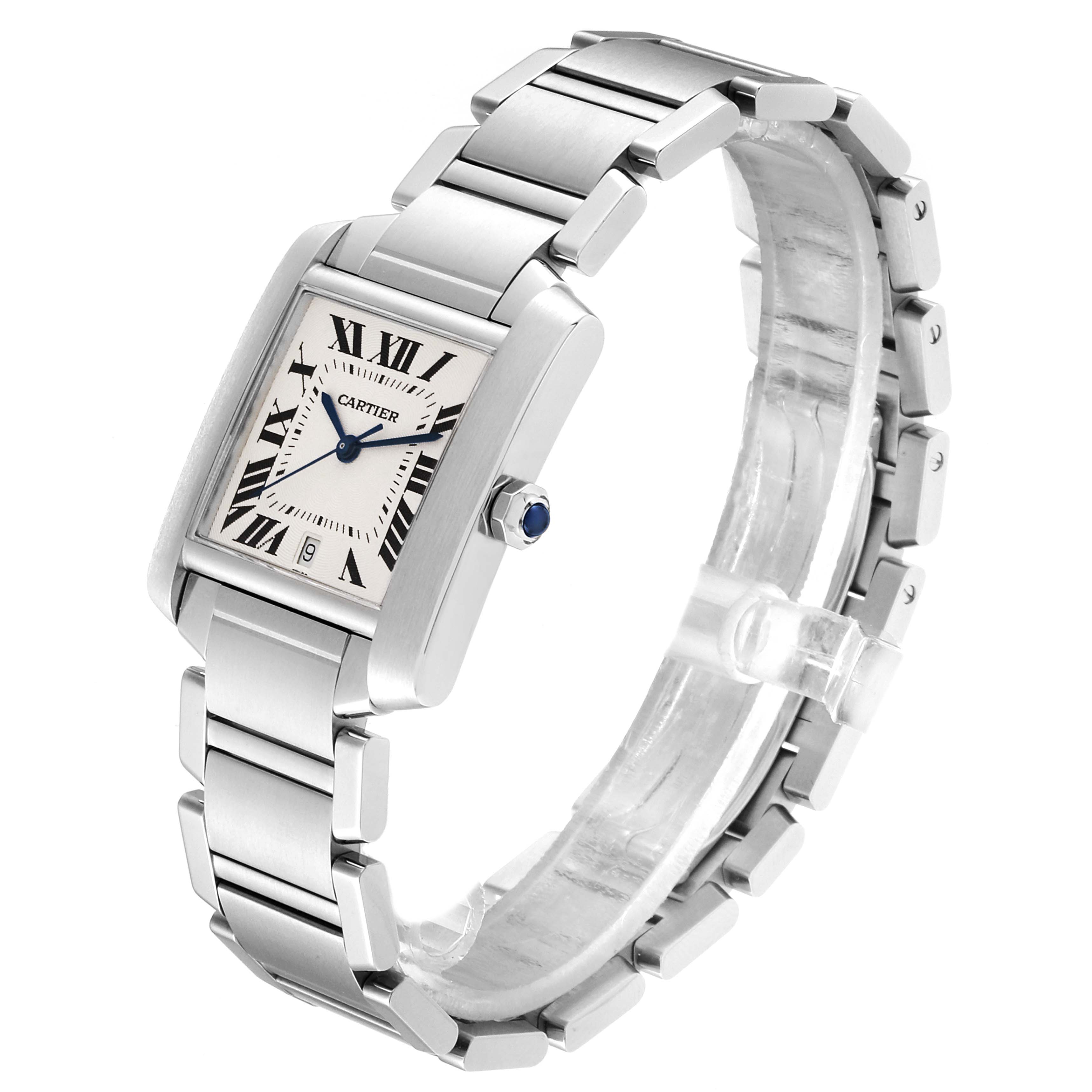 The Cartier Tank Francaise W51002Q3 Men's Stainless Steel Silver Dial W51002Q3 Men's Stainless Steel Silver Dial watch is shown at a three-quarter angle, displaying its face, bracelet, and crown.