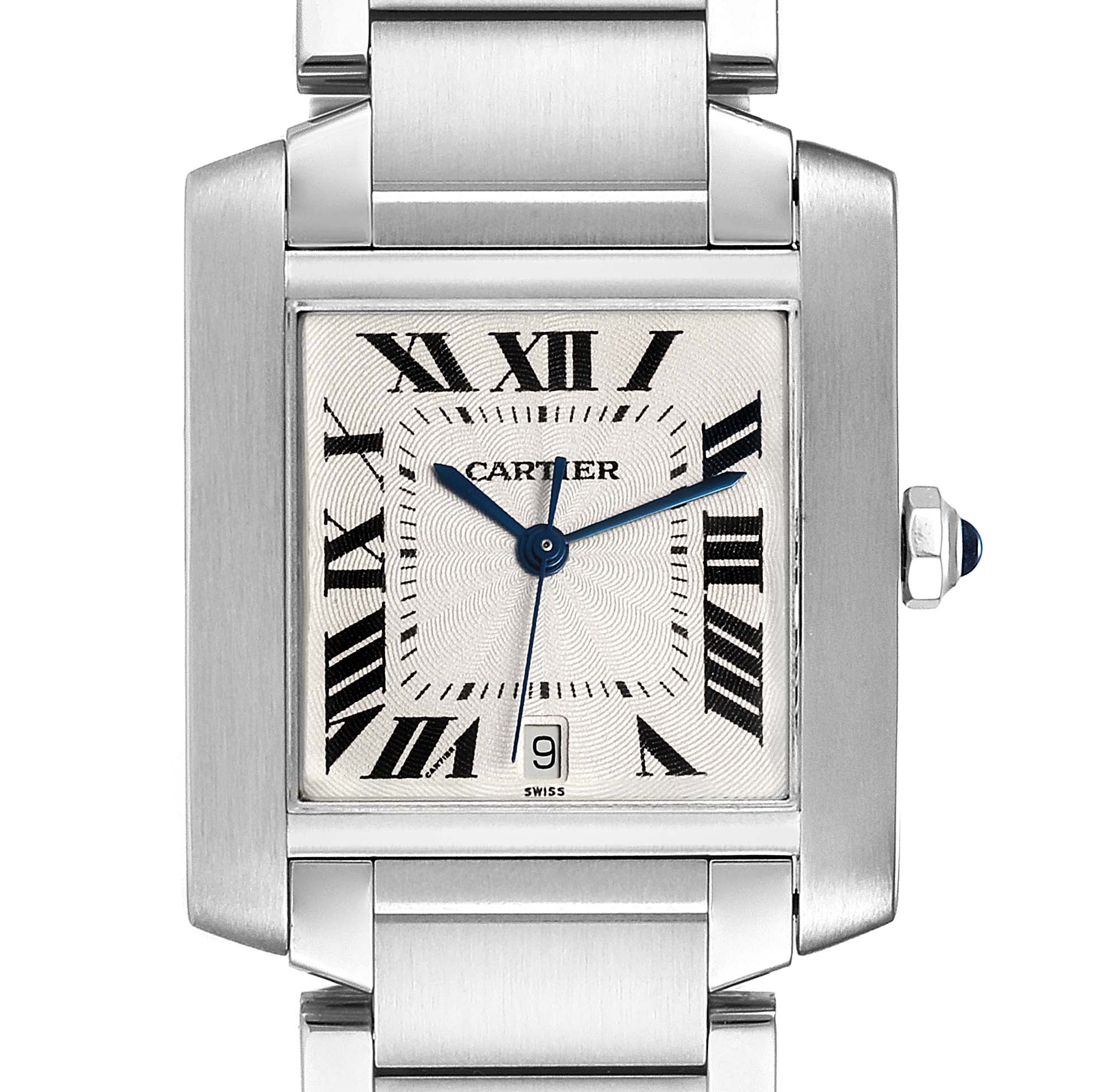 The image shows a close-up front view of the Cartier Tank Francaise W51002Q3 Men's Stainless Steel Silver Dial W51002Q3 Men's Stainless Steel Silver Dial watch, displaying its dial, hands, and part of the bracelet.