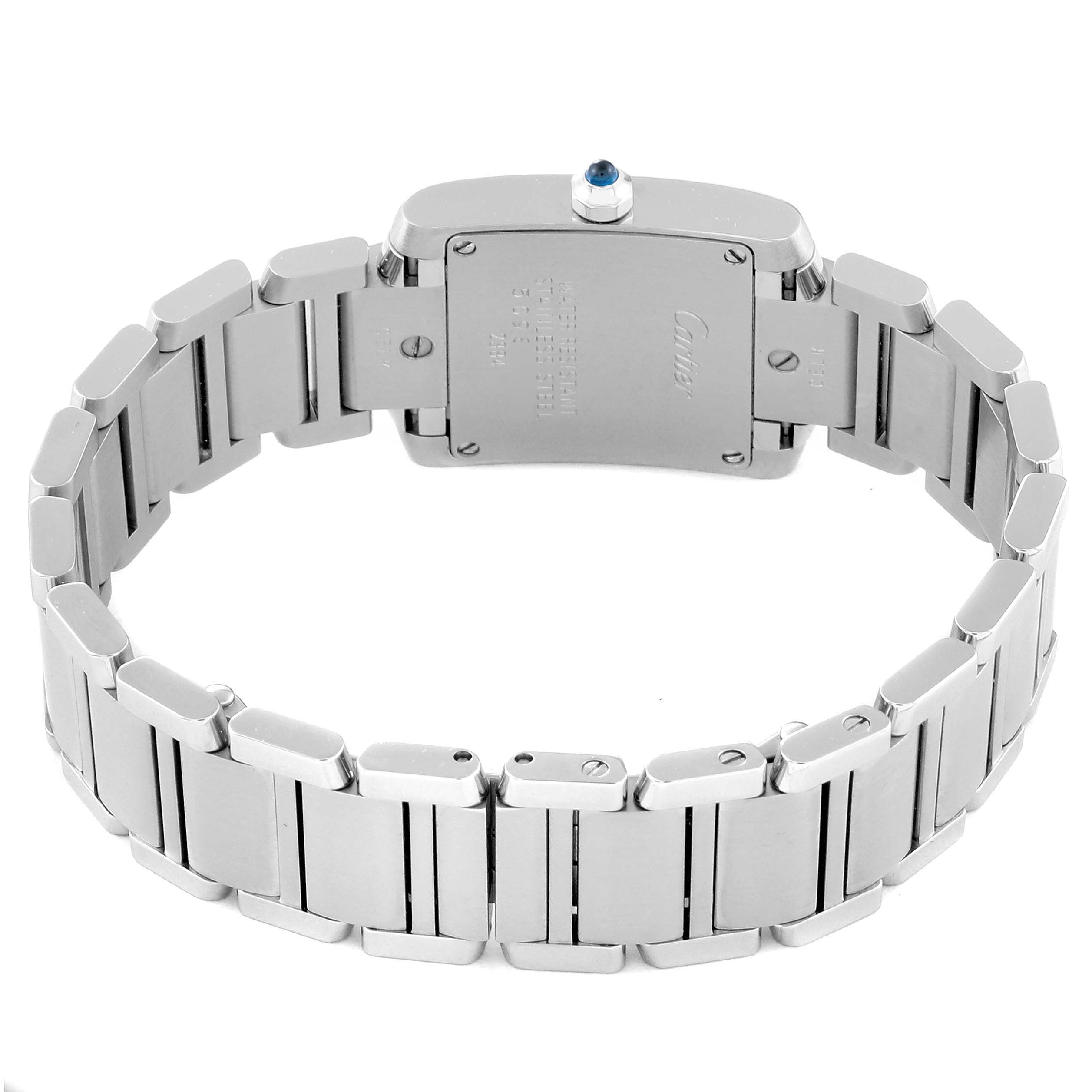 The image shows the back view of the Cartier Tank Française watch, focusing on the metal bracelet and case back.