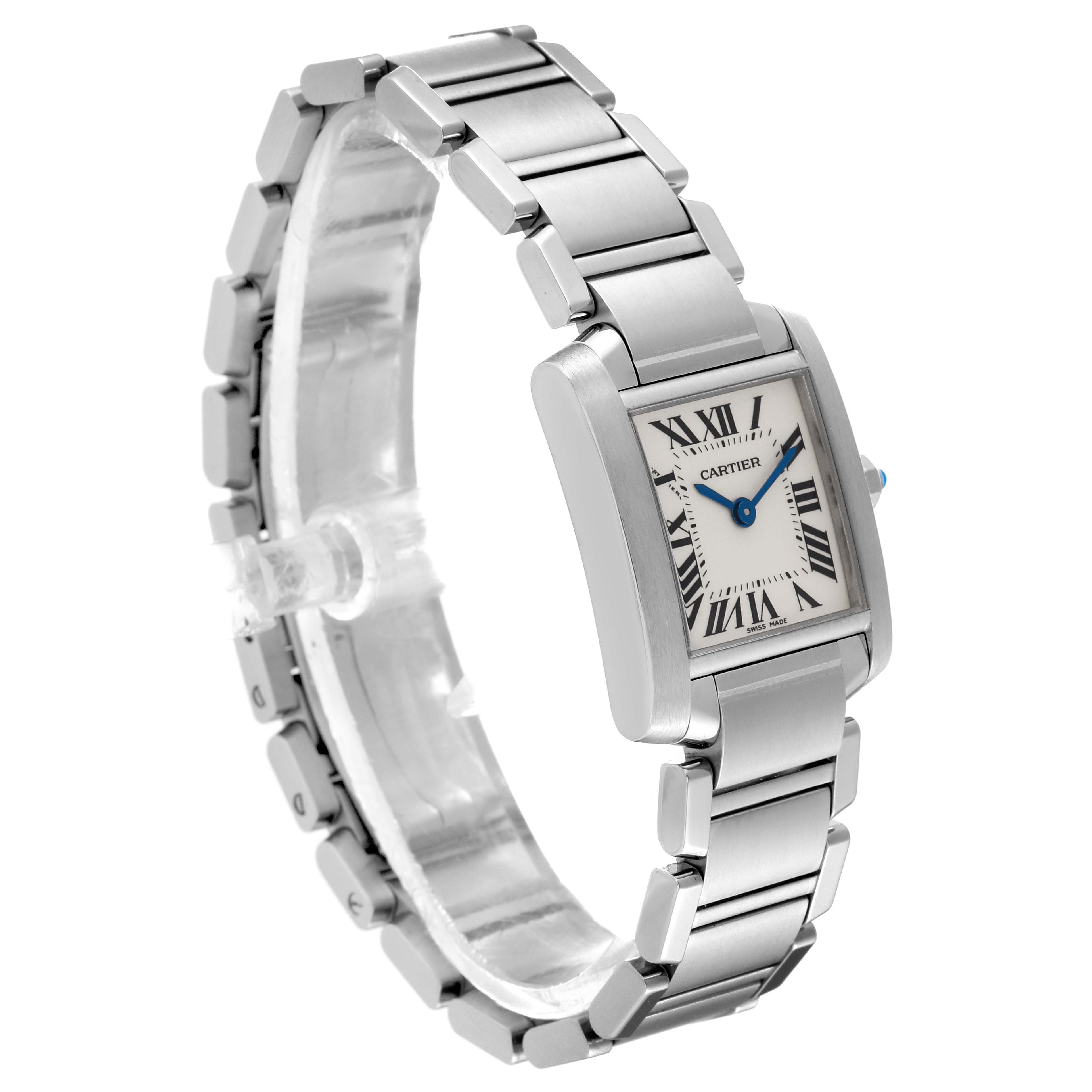 The image shows a three-quarter view of a Cartier Tank Francaise W51008Q3 Women
s Stainless Steel Silver Dial W51008Q3 Women
s Stainless Steel Silver Dial watch, displaying its rectangular face and stainless steel bracelet.