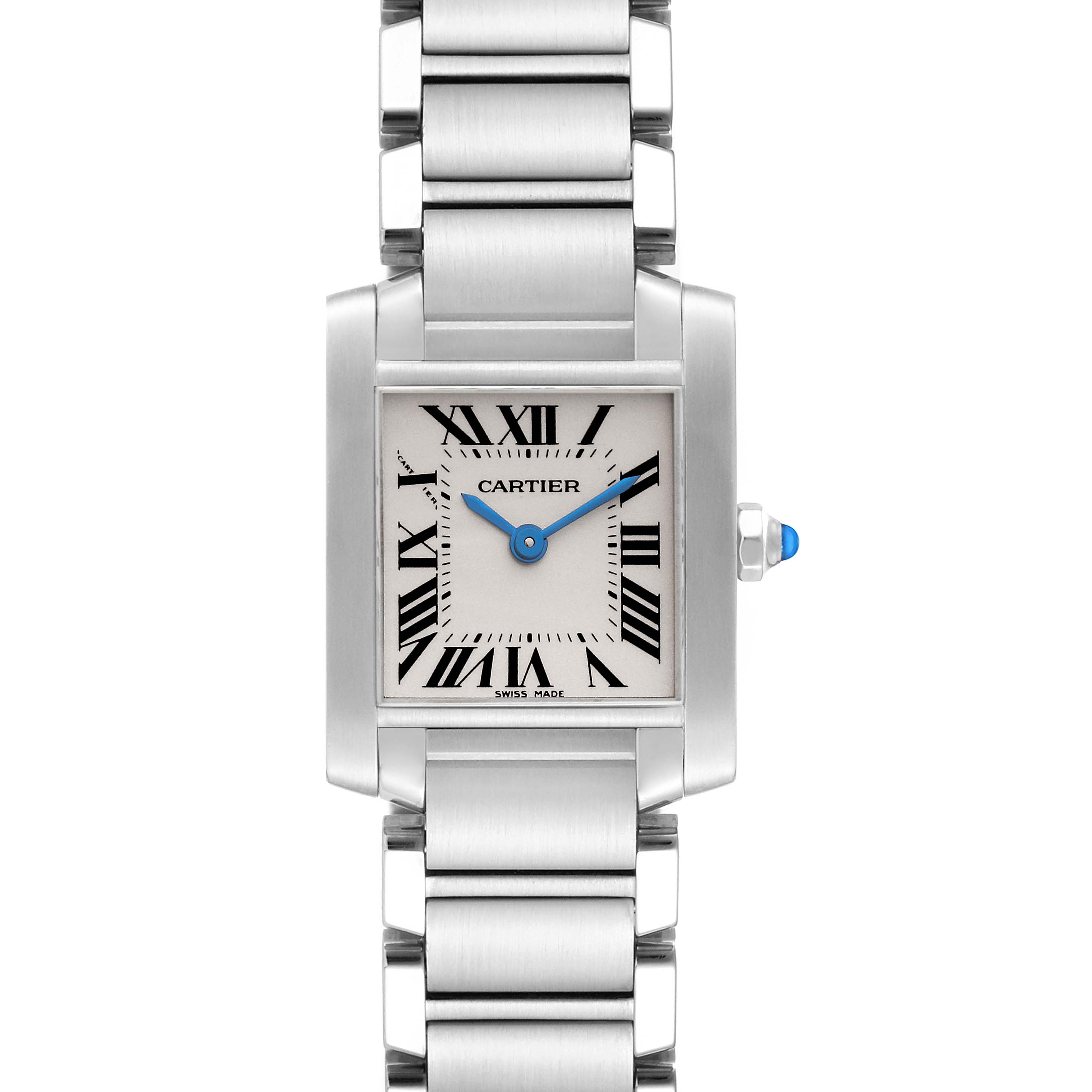 This image shows a Cartier Tank Francaise W51008Q3 Women
s Stainless Steel Silver Dial W51008Q3 Women
s Stainless Steel Silver Dial watch from a frontal angle, highlighting its face and bracelet.