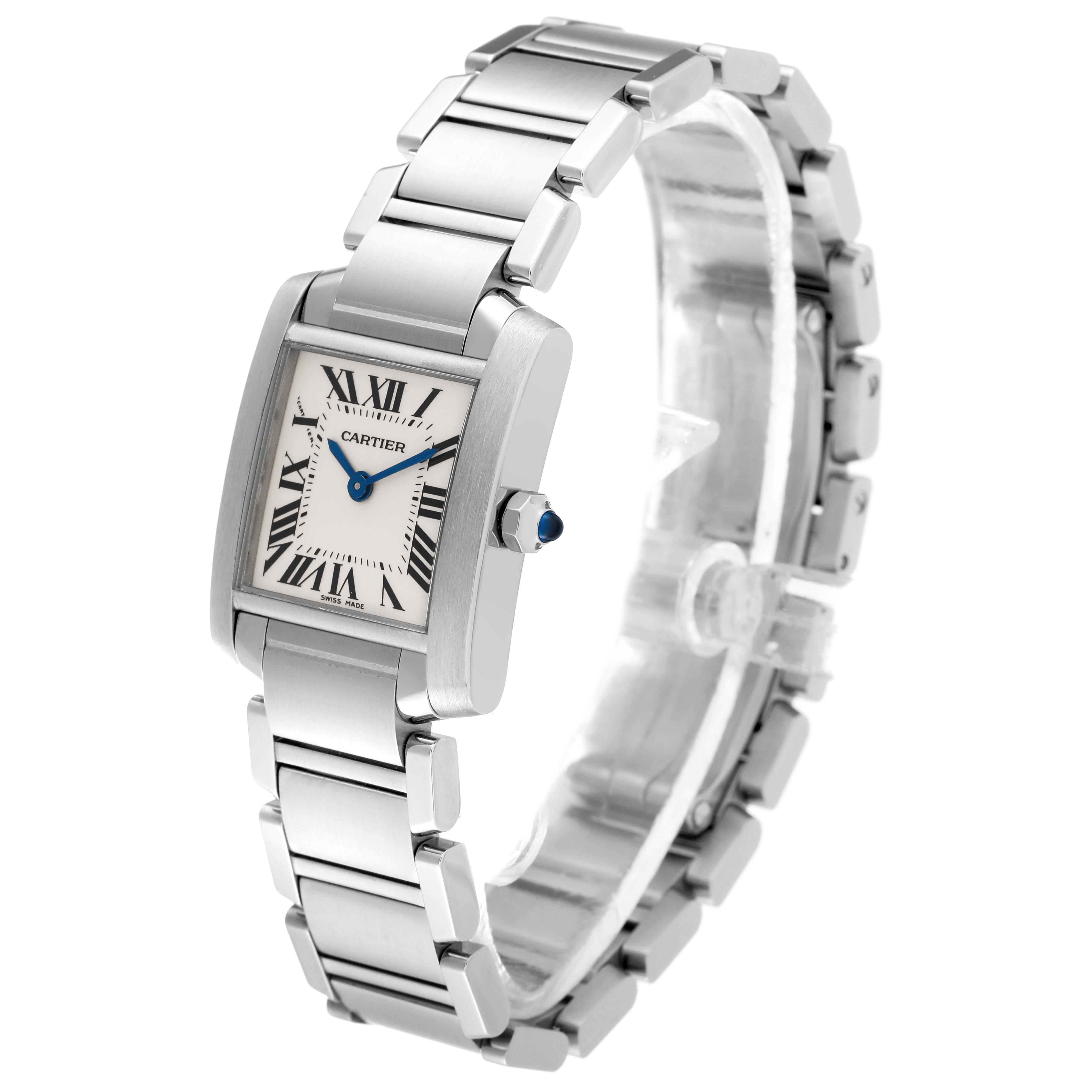 This image shows a Cartier Tank Francaise W51008Q3 Women
s Stainless Steel Silver Dial W51008Q3 Women
s Stainless Steel Silver Dial watch angled to display its face, crown, and stainless steel bracelet.