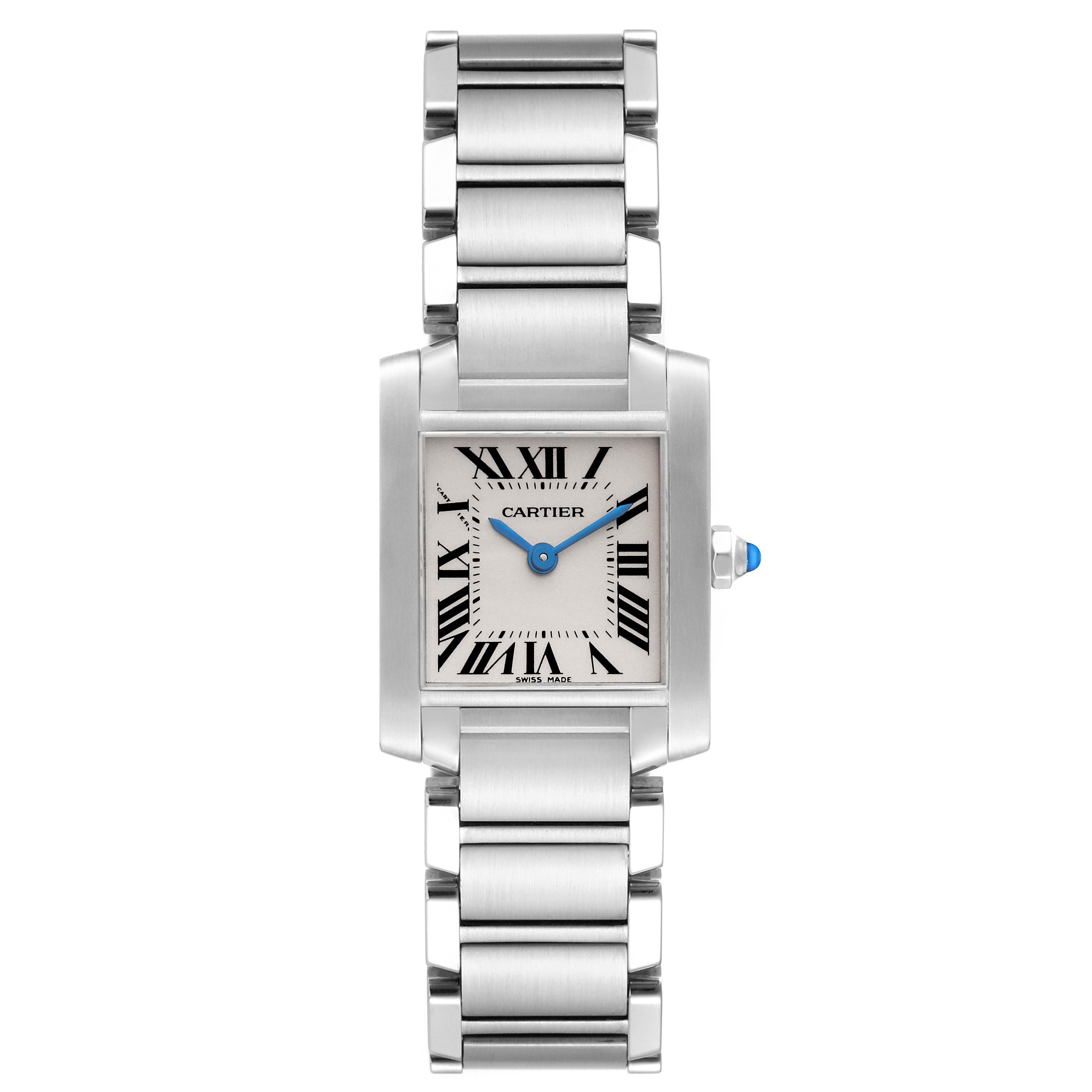 This image shows a front view of a Cartier Tank Francaise W51008Q3 Women
s Stainless Steel Silver Dial W51008Q3 Women
s Stainless Steel Silver Dial watch featuring its face, bracelet, and crown.