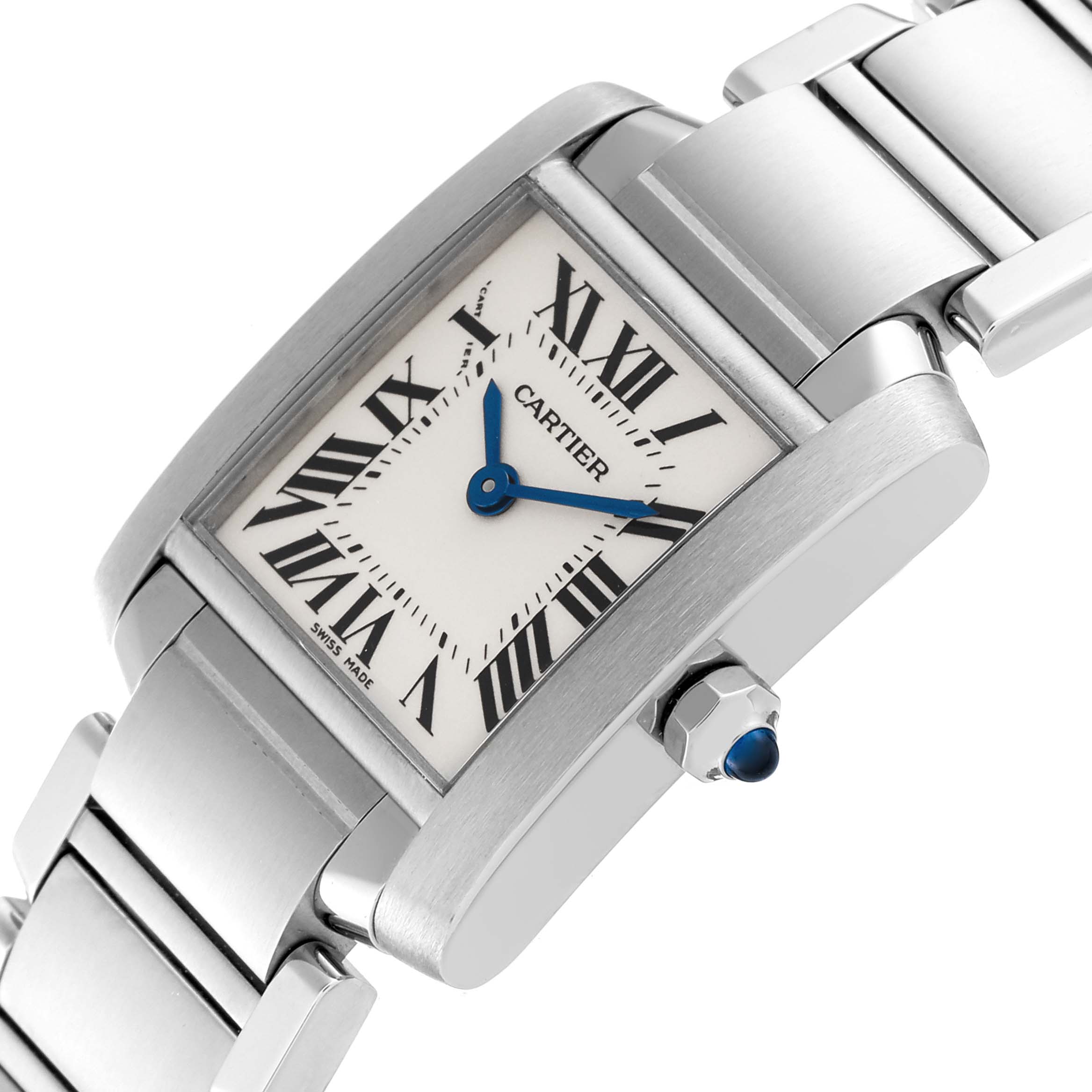 This image displays a close-up of the Cartier Tank Francaise W51008Q3 Women
s Stainless Steel Silver Dial W51008Q3 Women
s Stainless Steel Silver Dial watch, showcasing its face, blue hands, and stainless steel bracelet.