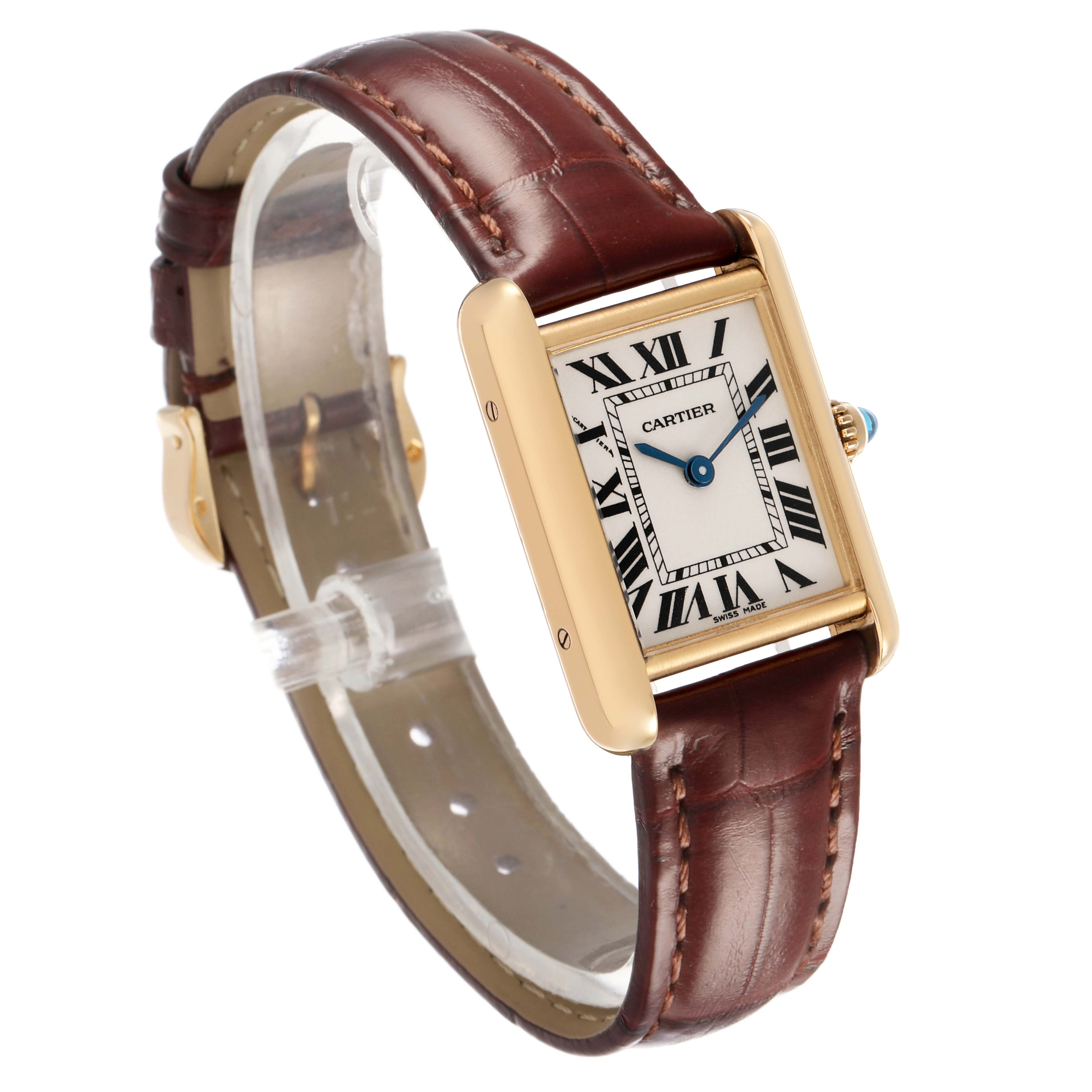 The Cartier Tank Louis W1529856 Men's Yellow Gold Silver Dial watch is shown at an angle highlighting the gold case, classic dial, and brown leather strap.