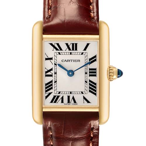 The Cartier Tank Louis W1529856 Men's Yellow Gold Silver Dial watch is shown from a front angle, highlighting its gold case, Roman numerals, and leather strap.