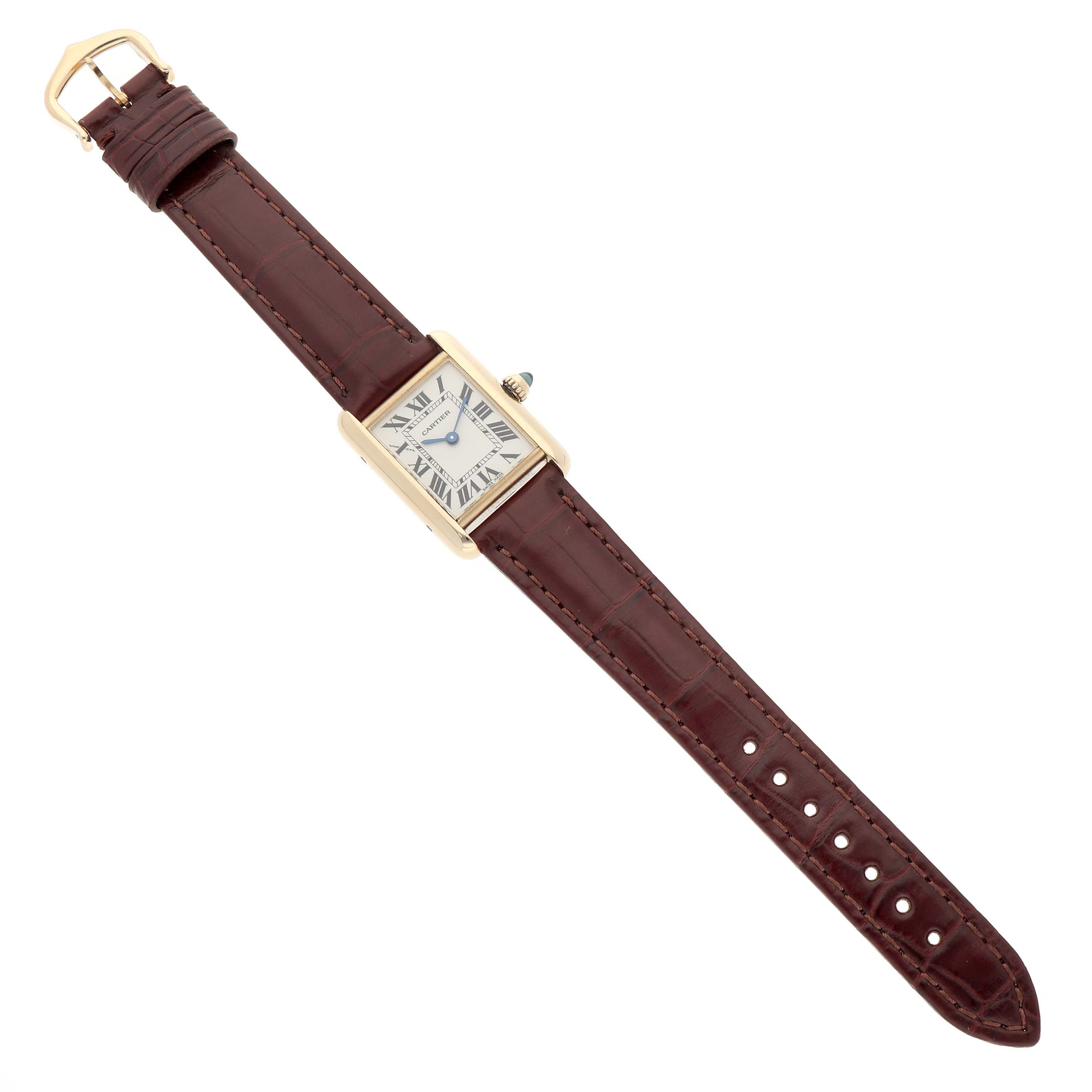 The Cartier Tank Louis W1529856 Men's Yellow Gold Silver Dial watch is shown from a top-down angle, displaying the rectangular face and entire brown leather strap.
