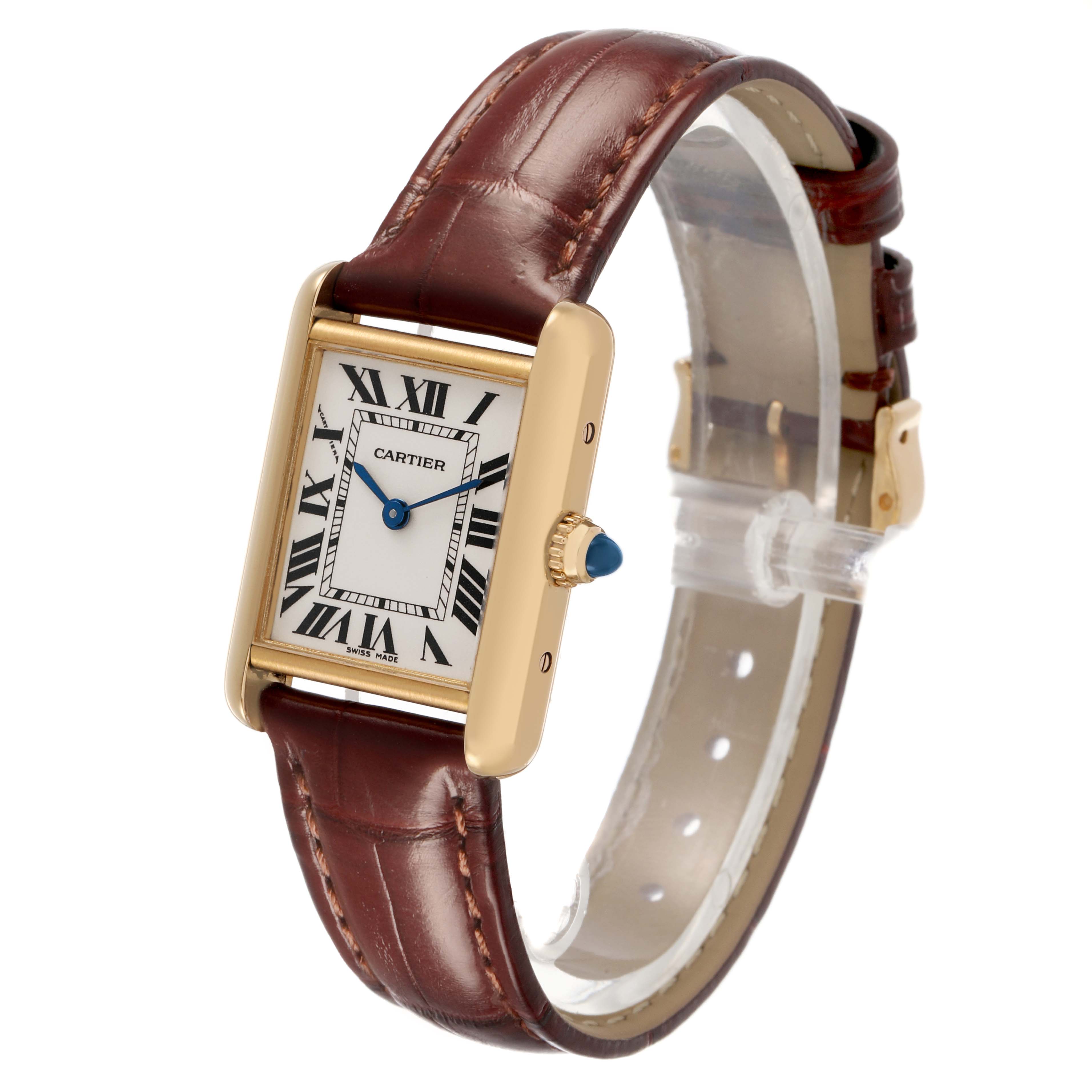 The Cartier Tank Louis W1529856 Men's Yellow Gold Silver Dial watch is shown at a slight angle, highlighting its rectangular face, Roman numeral dial, gold case, and brown leather strap.