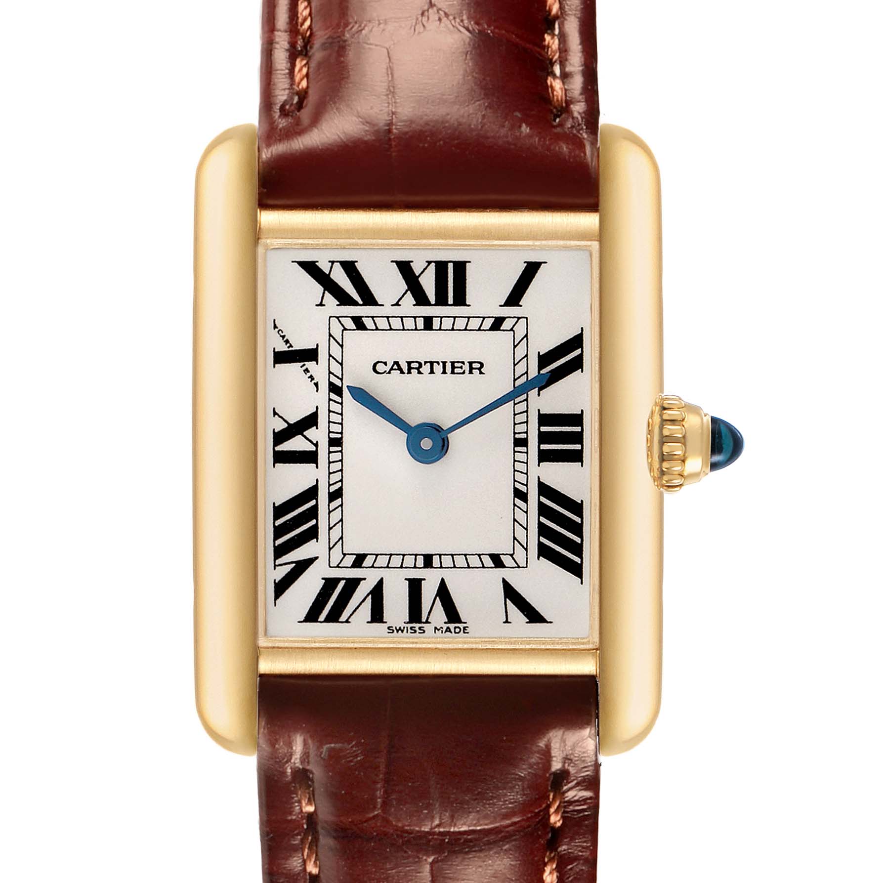The Cartier Tank Louis W1529856 Men's Yellow Gold Silver Dial watch is shown face-on, highlighting its rectangular dial, gold case, blue hands, and brown leather strap.