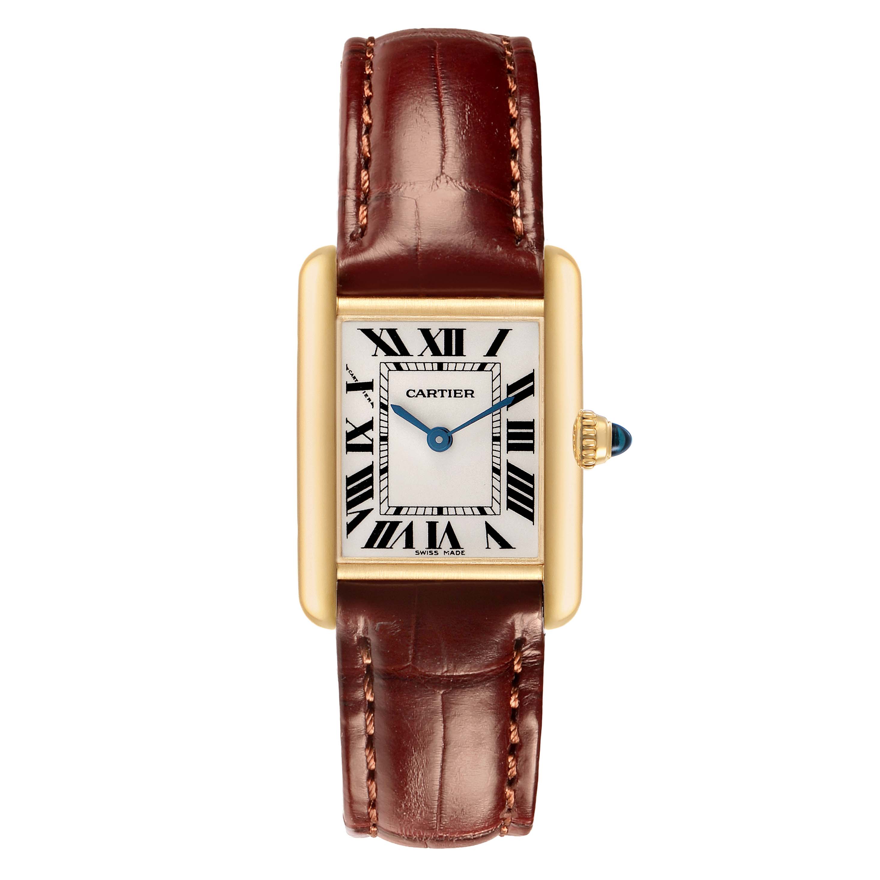 The Cartier Tank Louis W1529856 Men's Yellow Gold Silver Dial watch is shown from a top-down angle, featuring its face, Roman numerals, and leather strap.