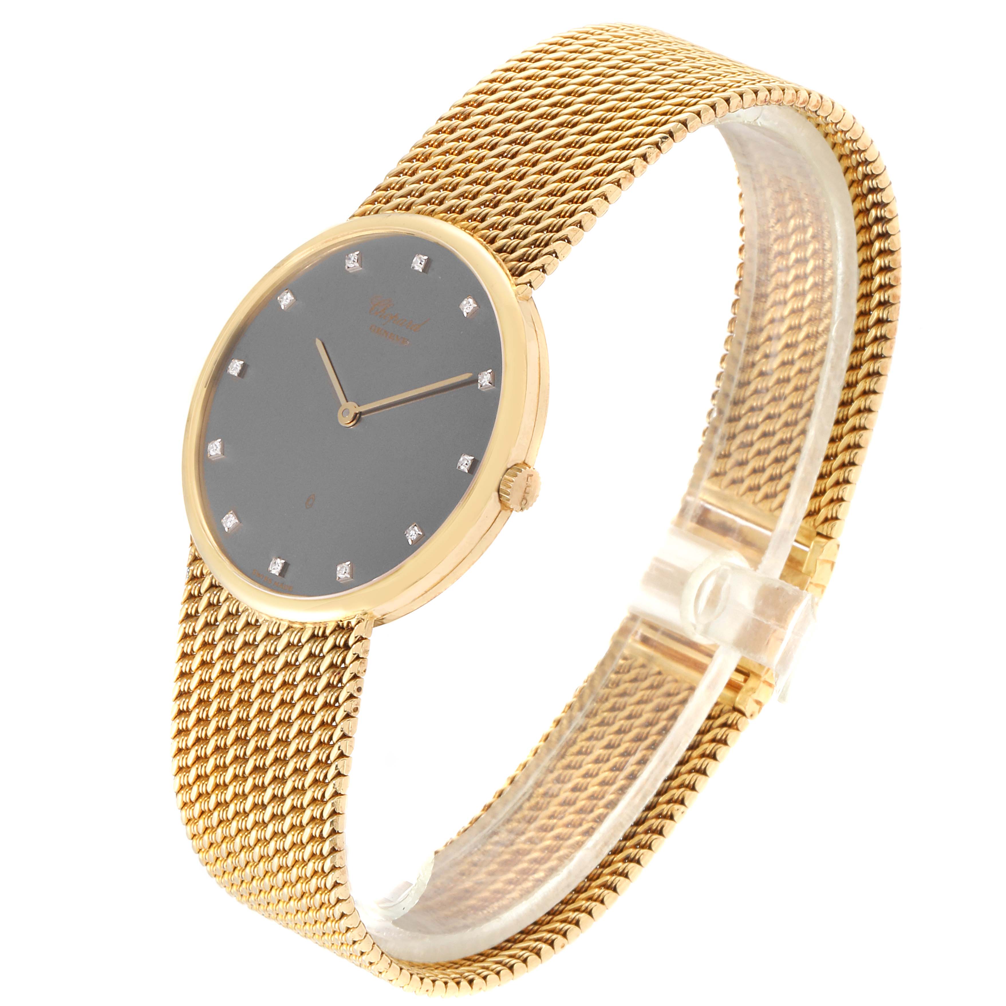 This image shows a side-angle view of the Classique model by Chopard, highlighting the face, band, and crown.