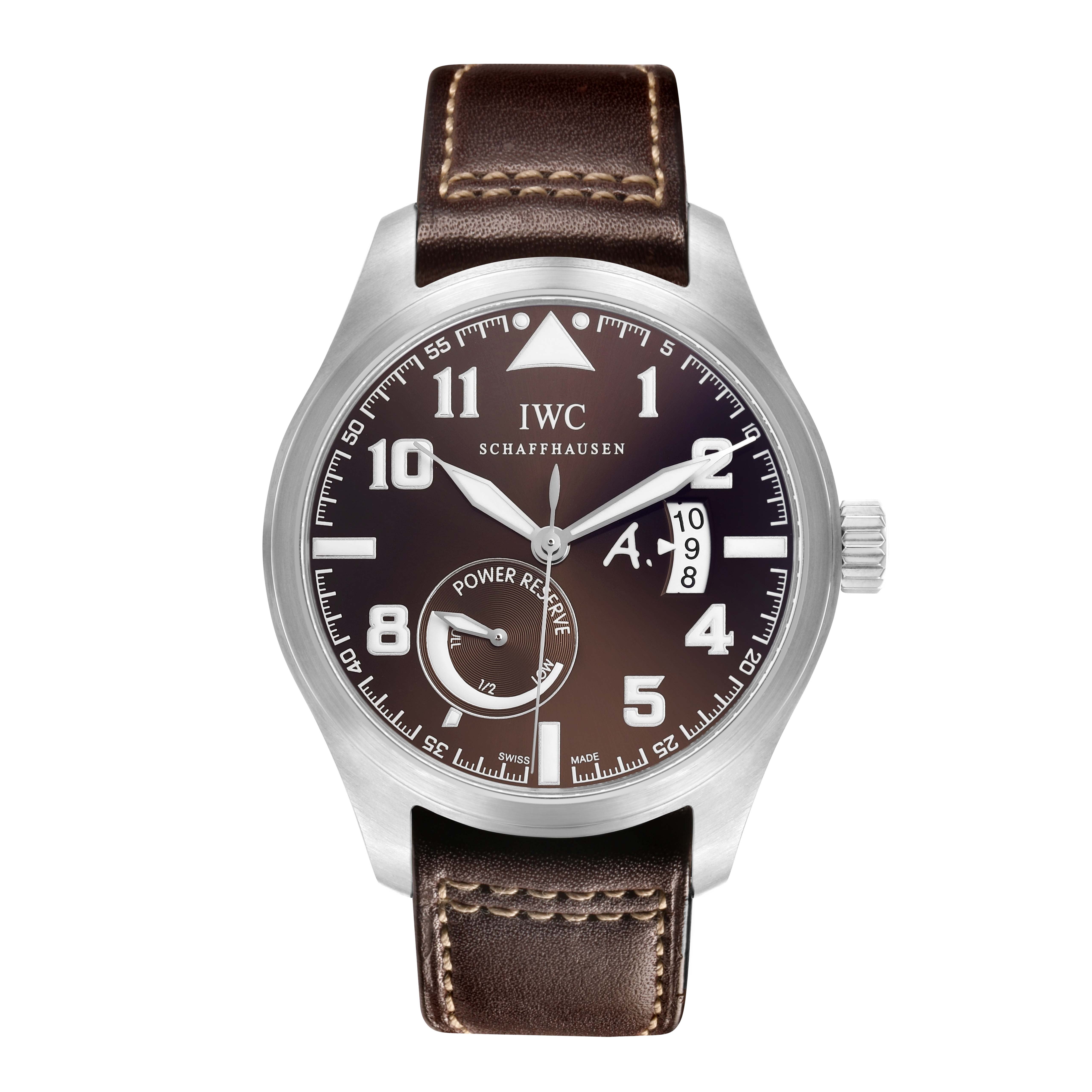The IWC Pilot IW320104 Men's Stainless Steel Brown Dial model watch is shown from a front angle, displaying its dial, hands, and brown leather strap.
