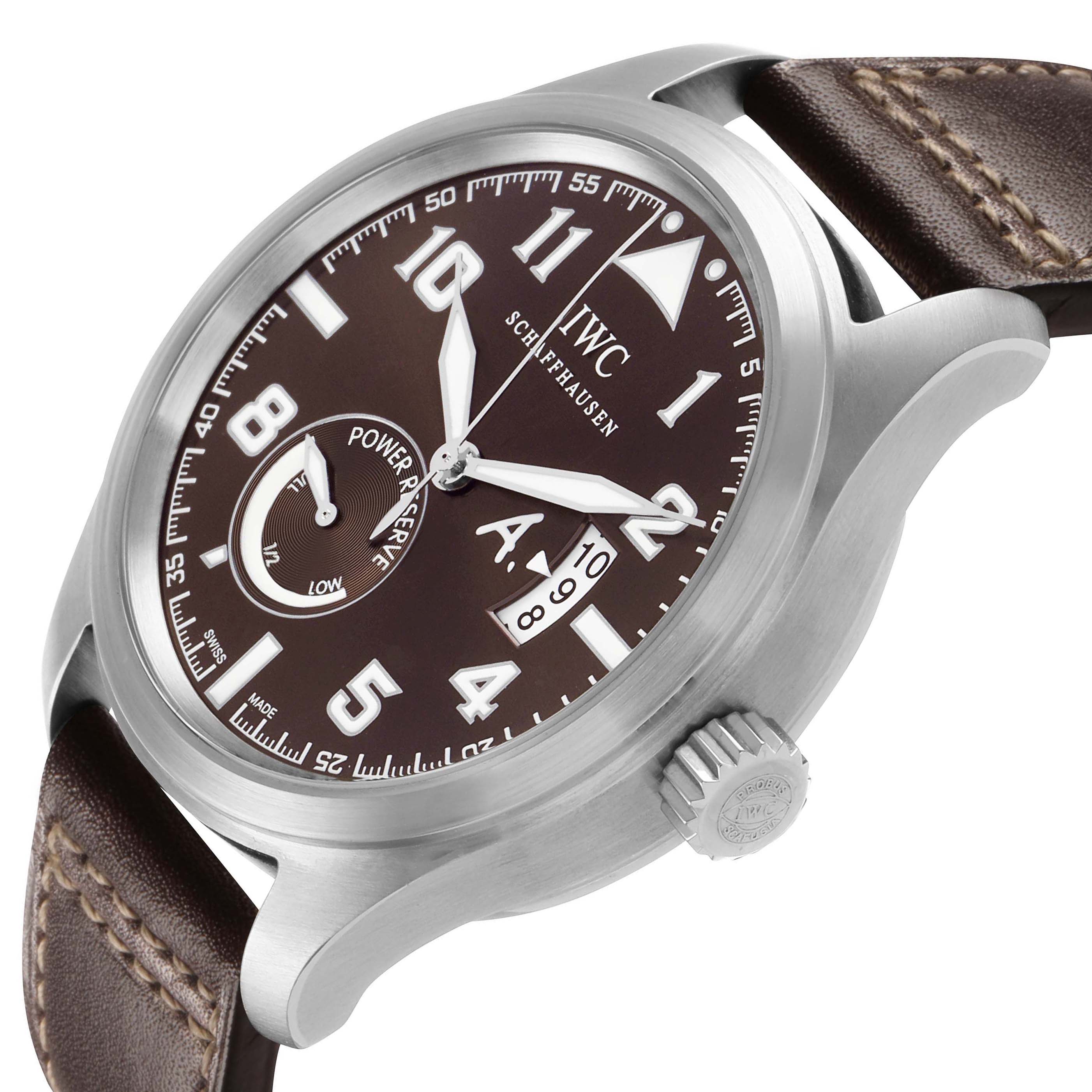 The IWC Pilot IW320104 Men's Stainless Steel Brown Dial model watch is shown at an angled view displaying the face, bezel, crown, and leather strap.