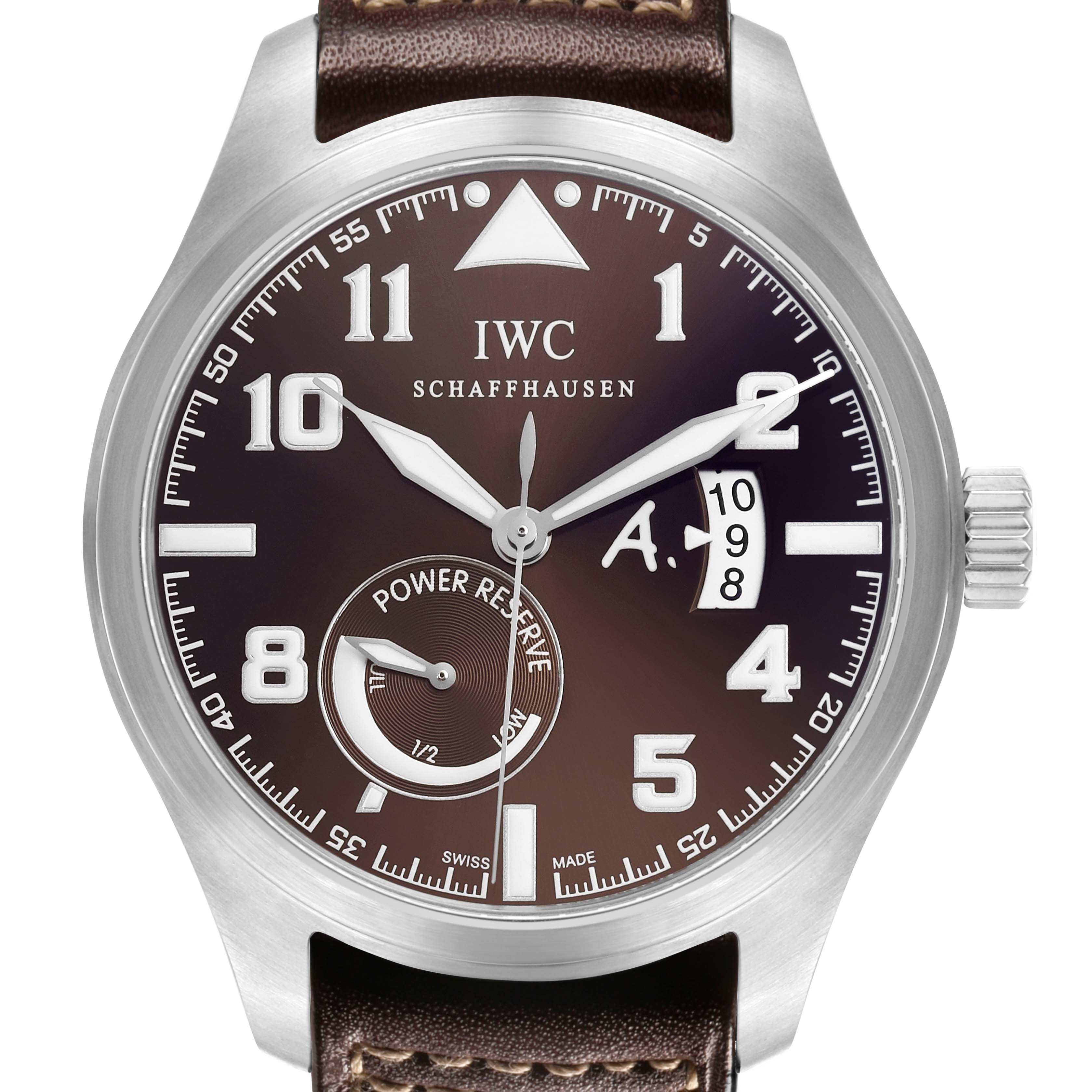 The IWC Pilot IW320104 Men's Stainless Steel Brown Dial model watch is shown from a front angle with the dial, crown, and leather strap visible.