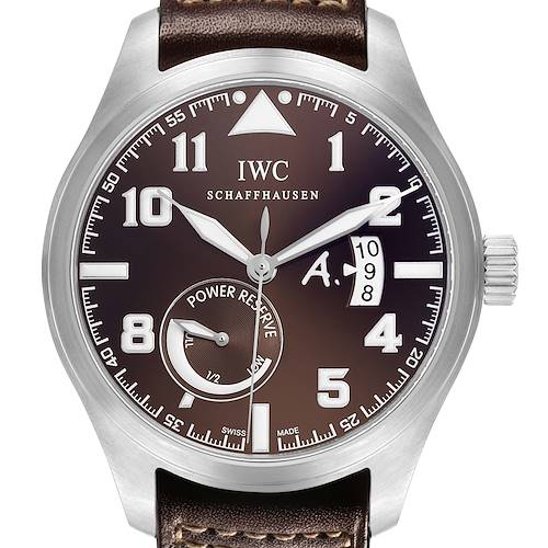 The IWC Pilot IW320104 Men's Stainless Steel Brown Dial model watch is shown from the front, displaying the dial, hands, numerals, and crown.