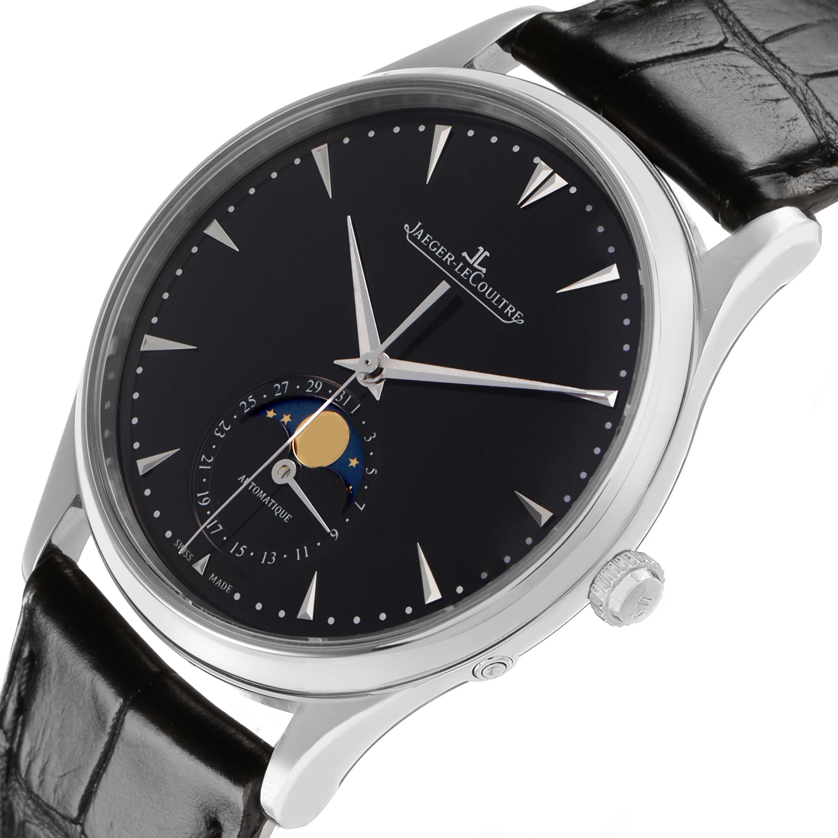 The Jaeger-LeCoultre Master watch is shown in a side angle, highlighting the dial, moon phase display, and crown.