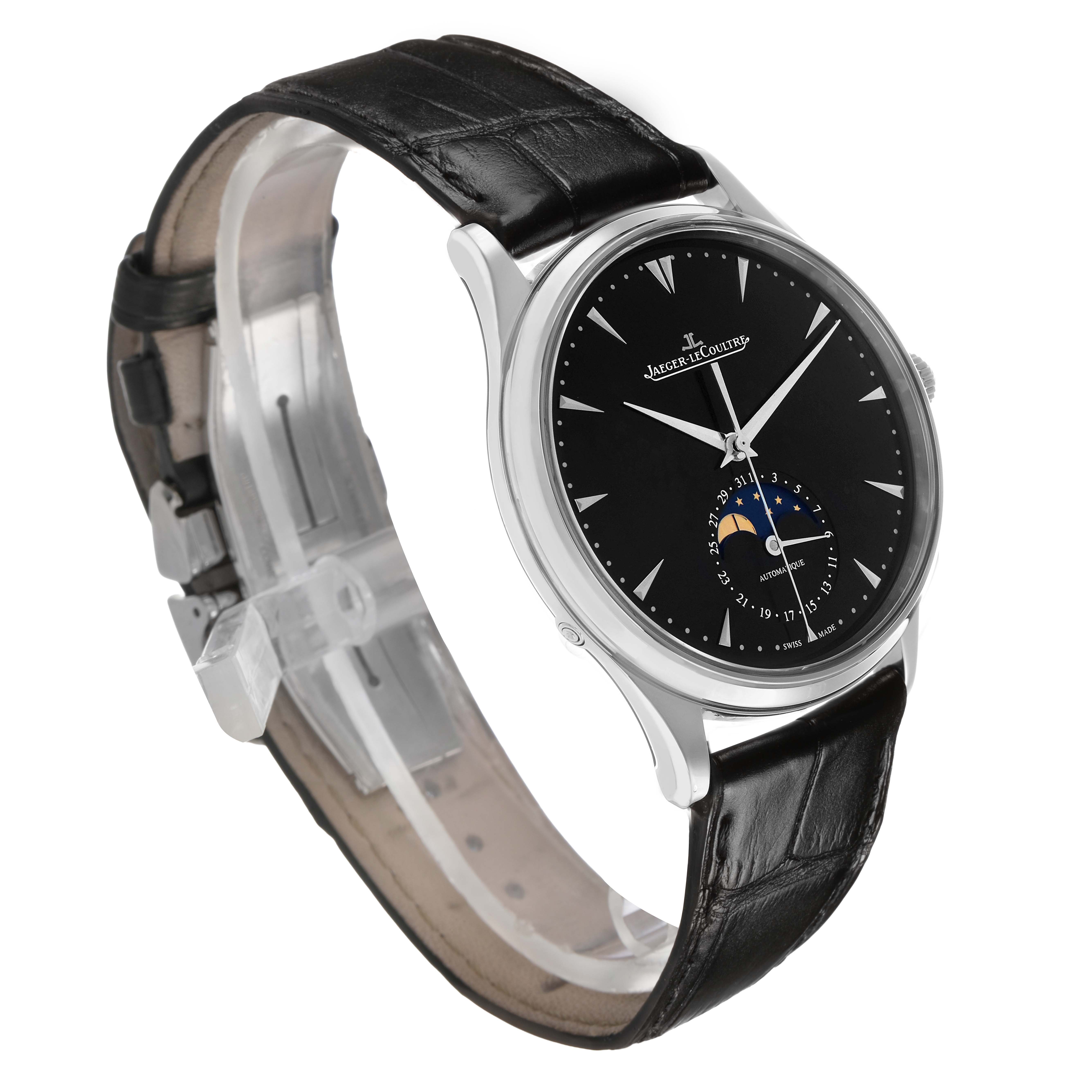 The Jaeger-LeCoultre Master model watch is shown at a three-quarter angle, displaying the face, strap, and part of the buckle.