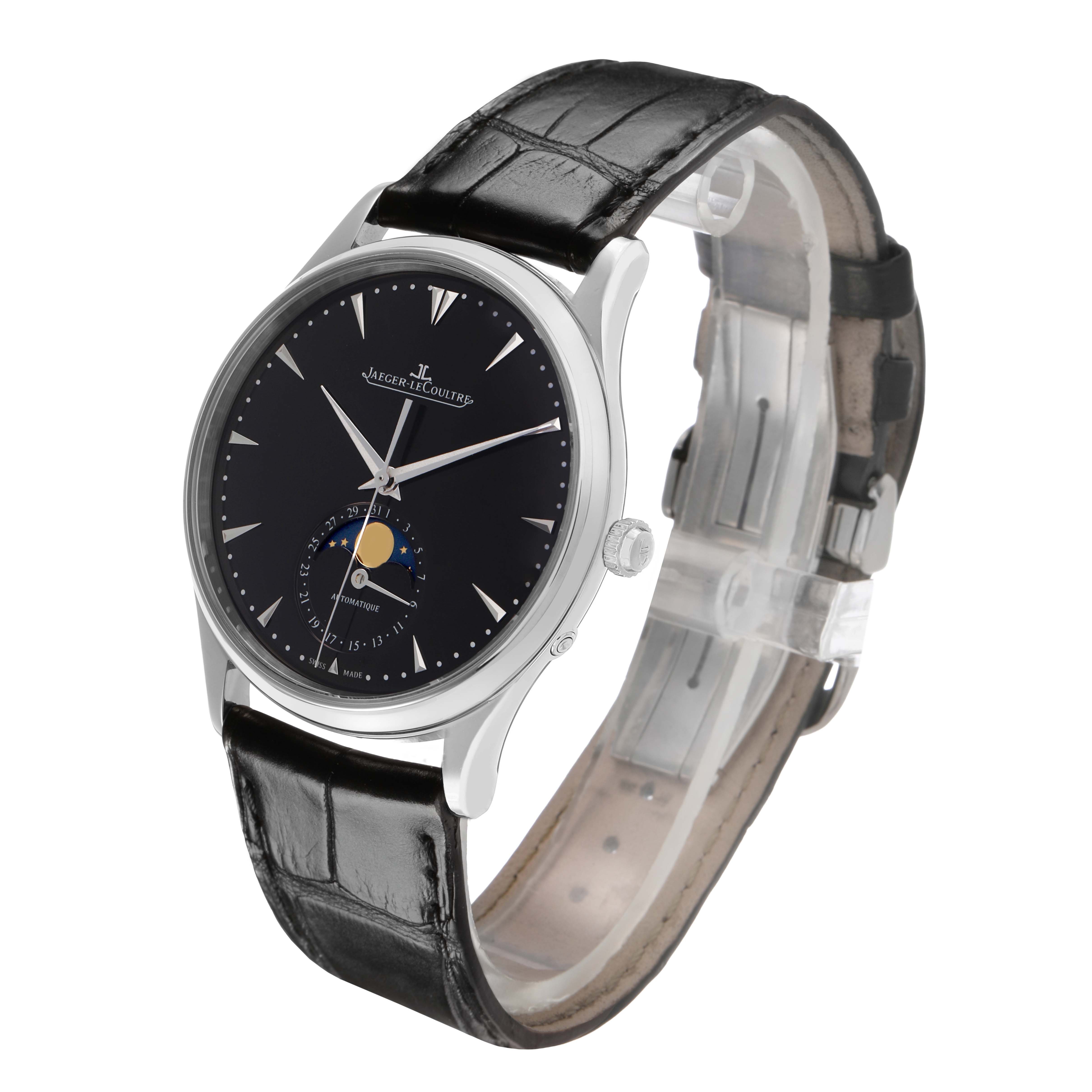 The Jaeger-LeCoultre Master watch is shown at a three-quarter angle, highlighting the dial, case, strap, and moon phase feature.