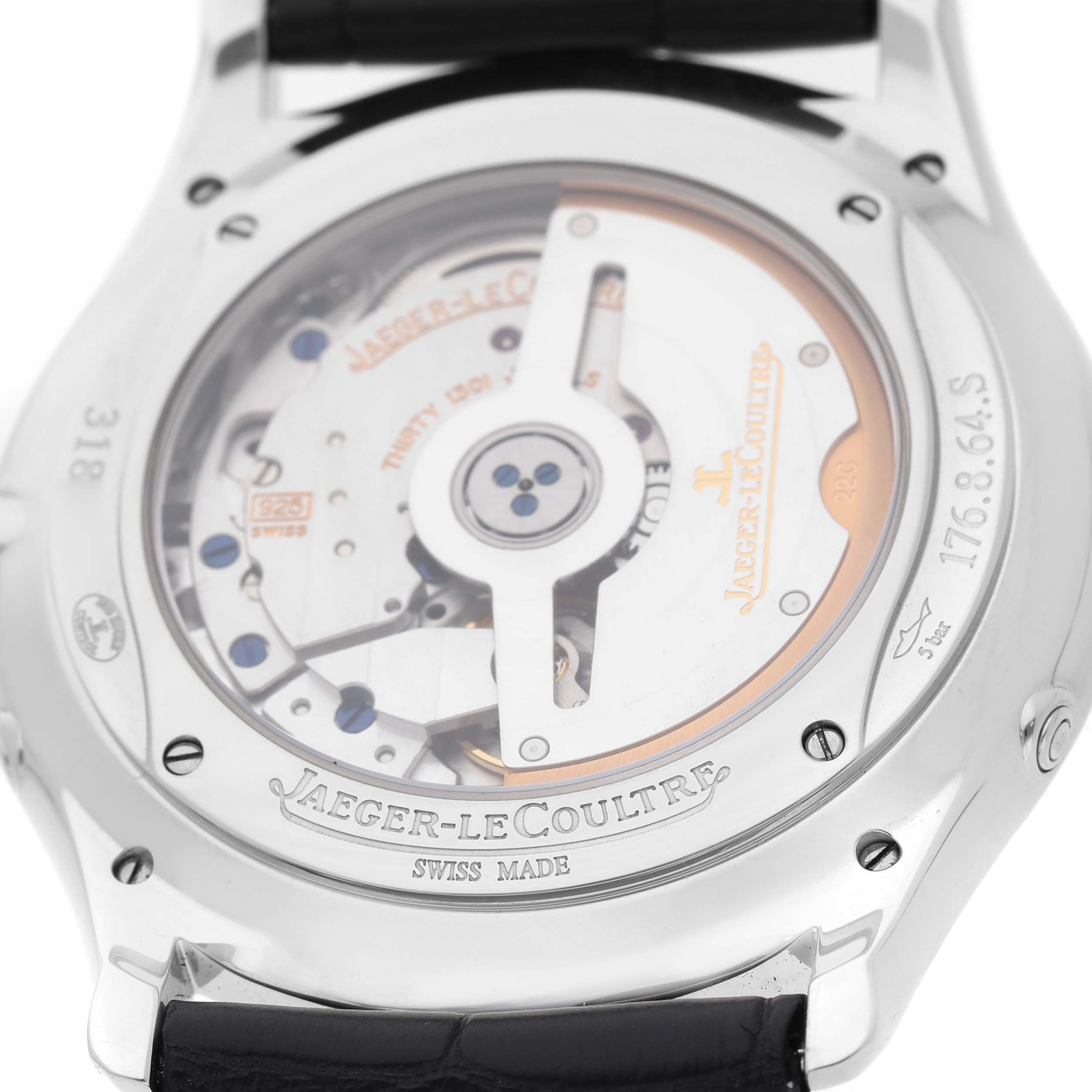 The image shows the back view of a Jaeger-LeCoultre Master model, highlighting its movement and branding details.