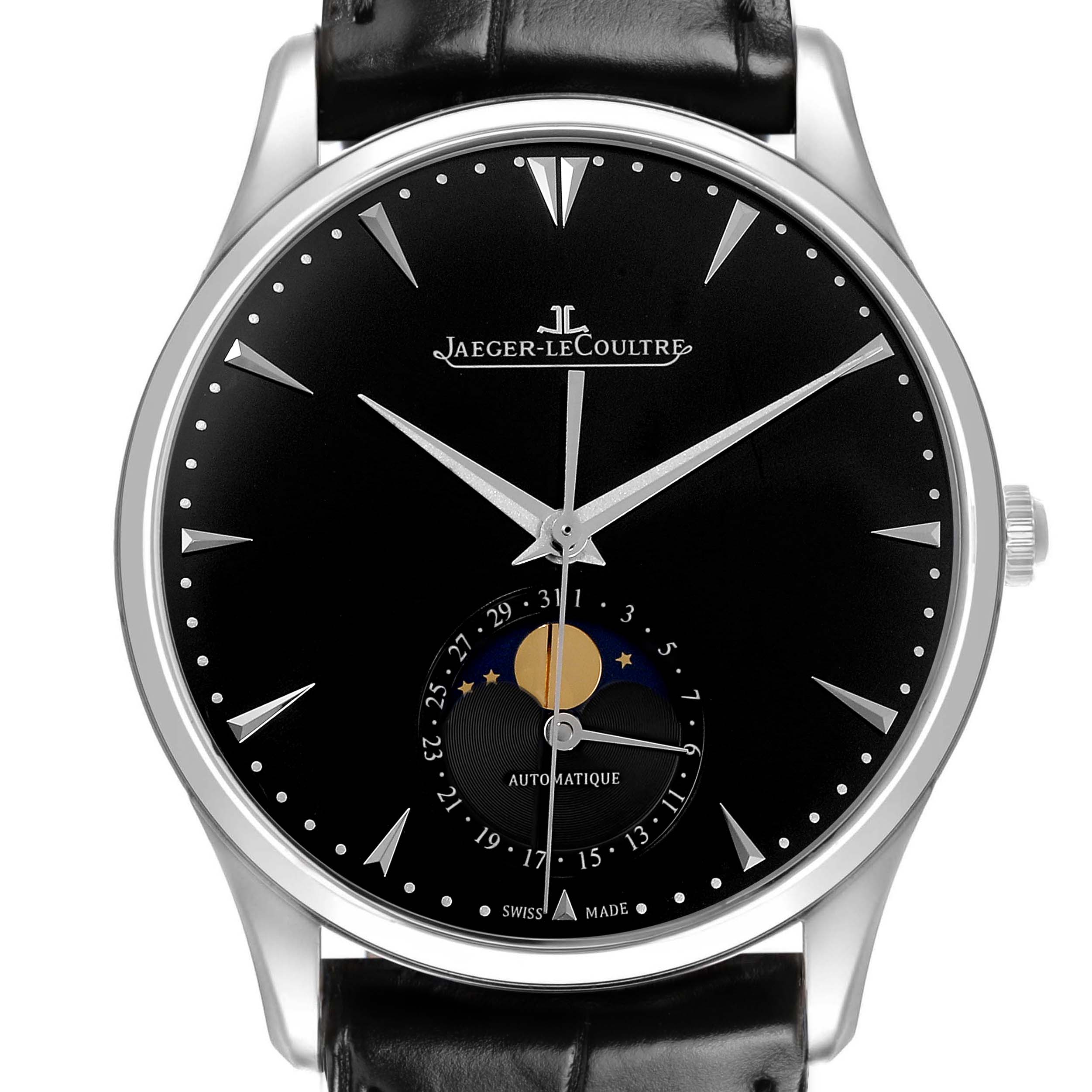 The Jaeger LeCoultre Master 176.8.64.S / Q1368470 Men's Stainless Steel Black Dial watch is shown from the front, featuring the dial with moon phase and date indicators.