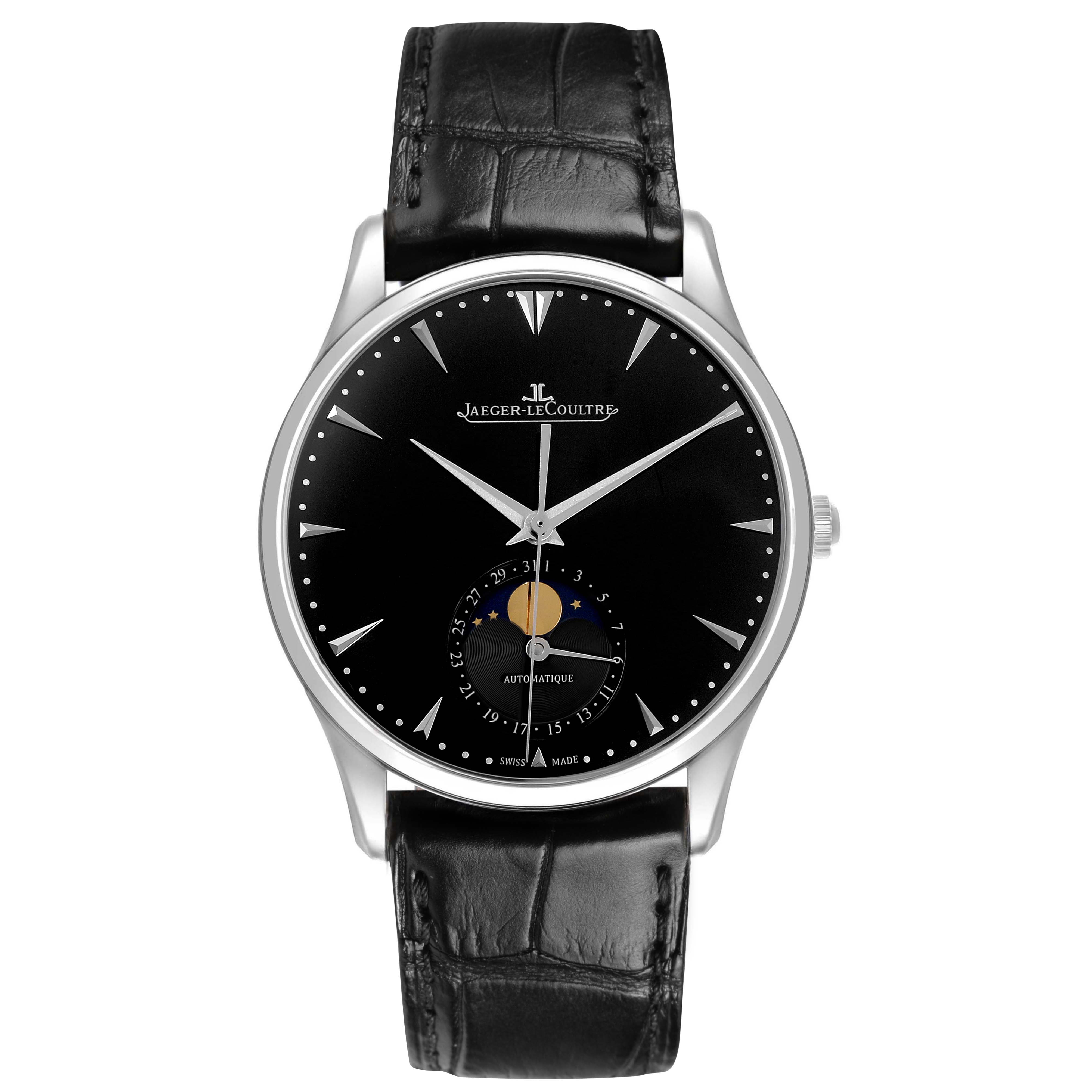 The Jaeger LeCoultre Master 176.8.64.S / Q1368470 Men's Stainless Steel Black Dial watch is shown from a front view, highlighting its black dial and moon phase complication.