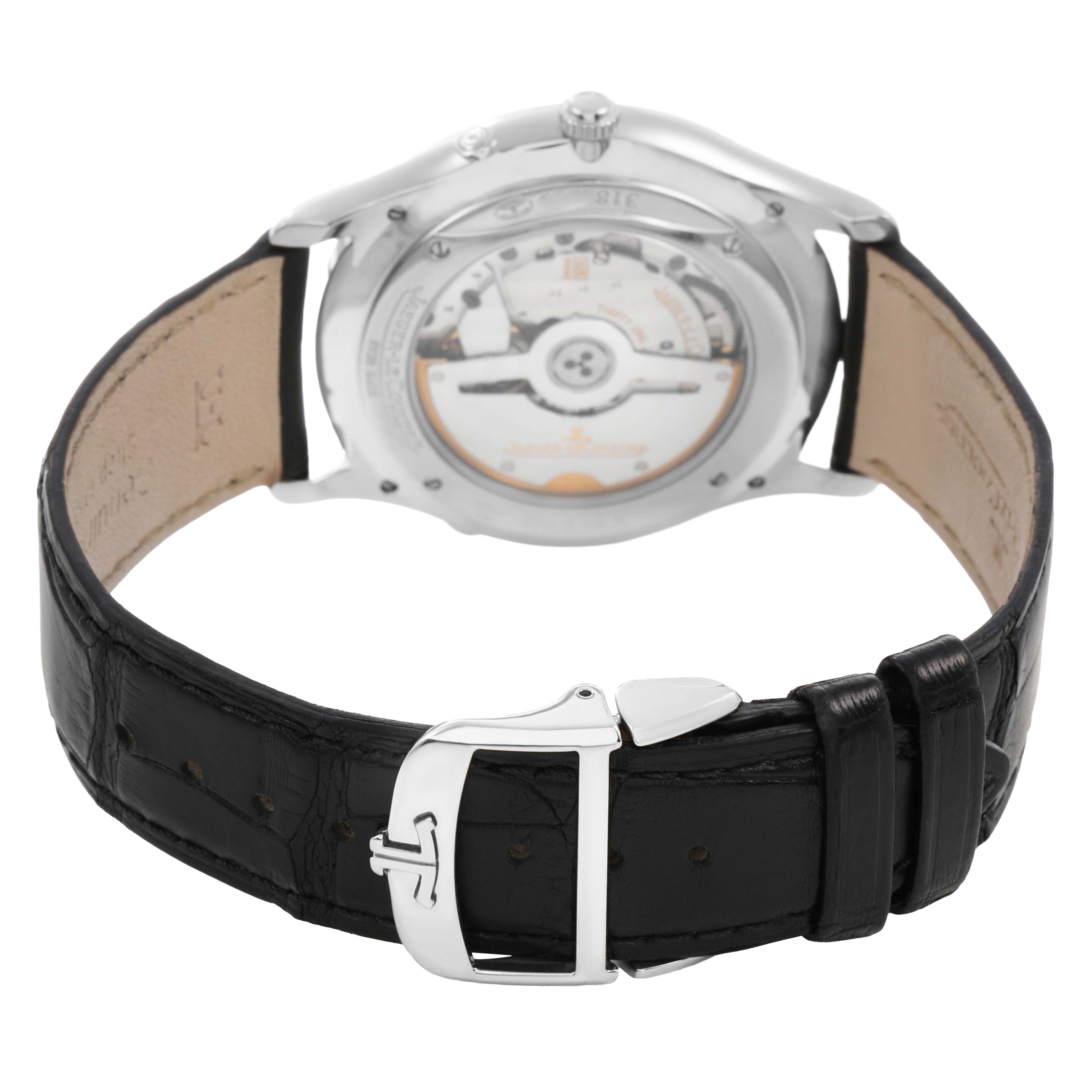 The image shows the Jaeger LeCoultre Master 176.8.64.S / Q1368470 Men's Stainless Steel Black Dial model from the back, highlighting the movement, case, and buckle.