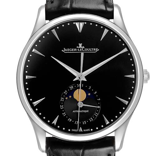 The Jaeger-LeCoultre Master watch is shown from a front angle, highlighting the dial, brand logo, and moon phase feature.