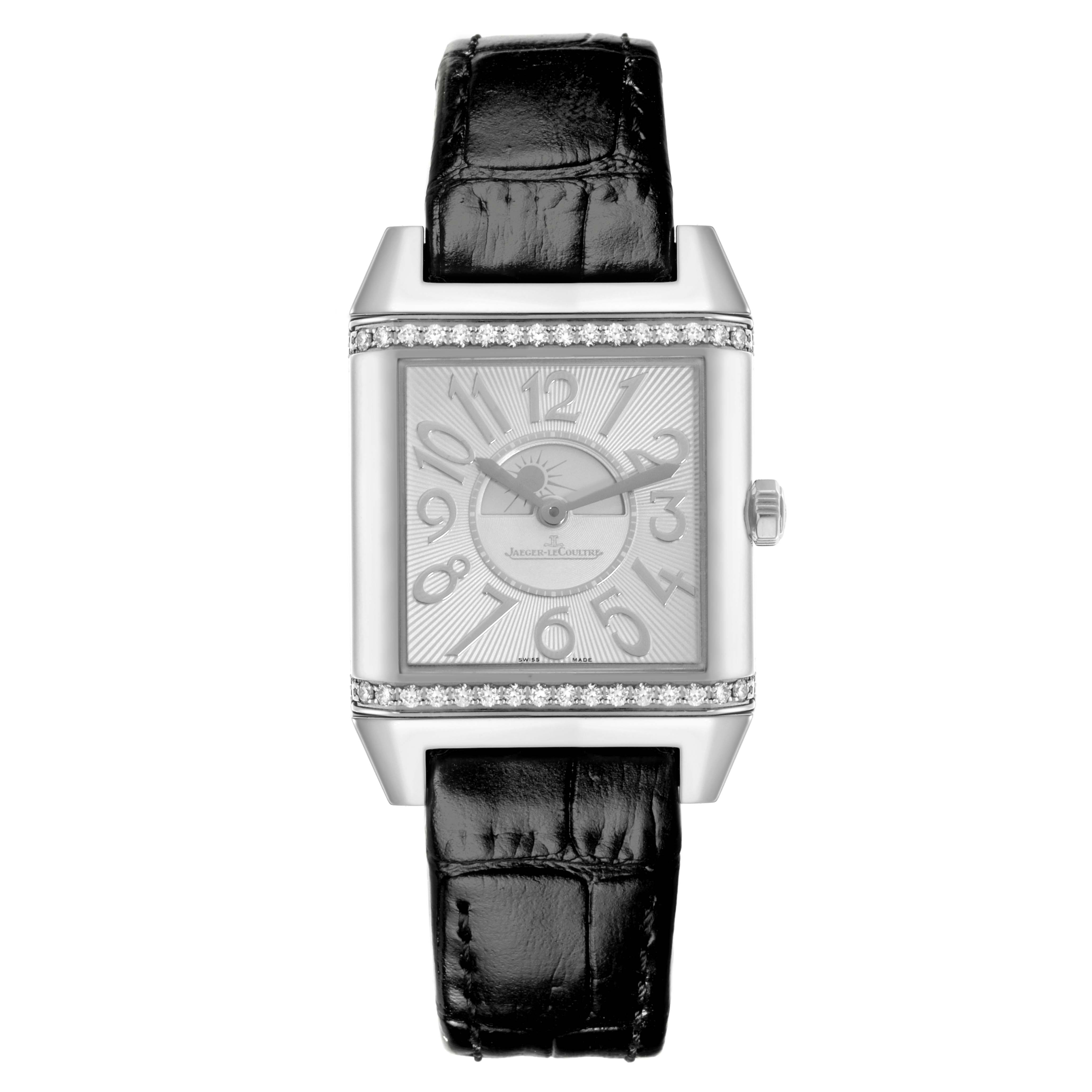 The Jaeger LeCoultre Reverso Q7058430 Women
s Stainless Steel Silver Dial Q7058430 Women
s Stainless Steel Silver Dial watch is shown from the front, highlighting its rectangular face, leather strap, and diamond accents.