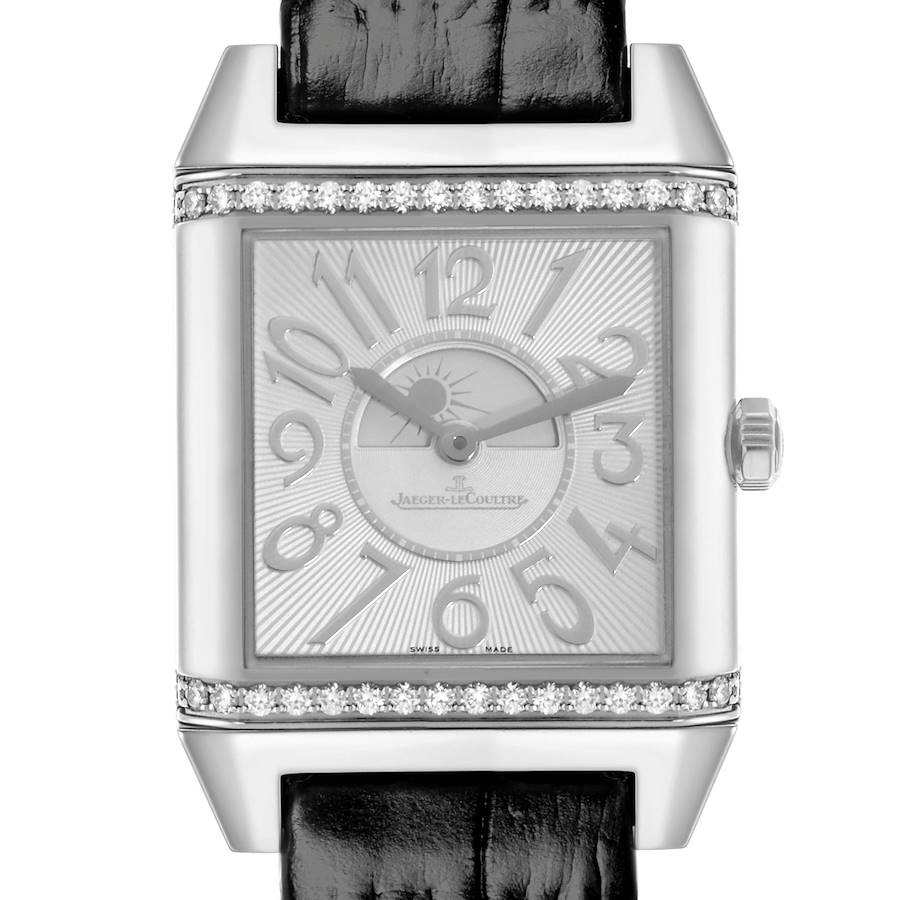 The Jaeger LeCoultre Reverso watch is shown from the front, highlighting its rectangular face, bezel, and strap.
